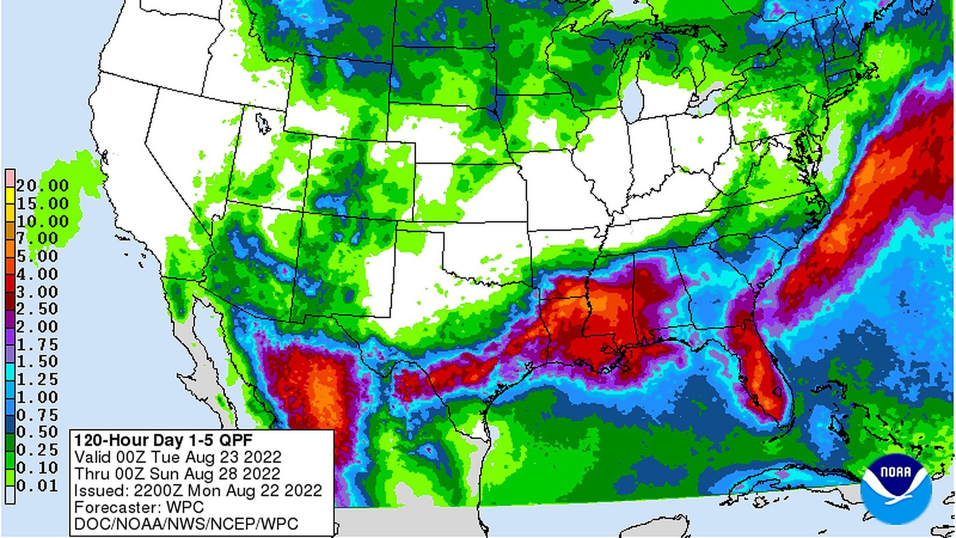 A map showing the forecast heavy rainfall for this week across the U.S. and the Southwest in particular.
