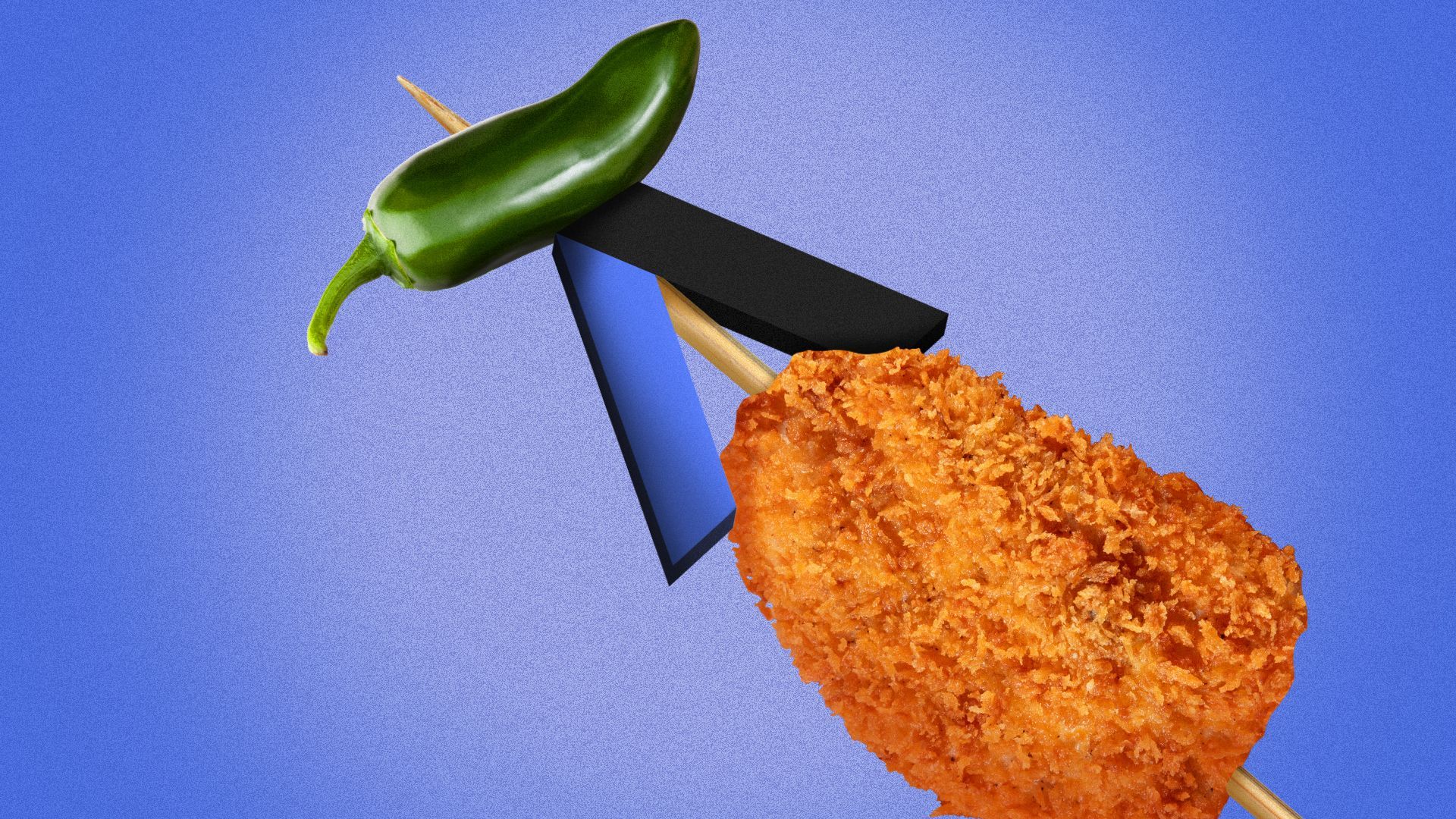 Illustration of a jalapeño, the Axios logo and a fried chicken tenderloin on a skewer.