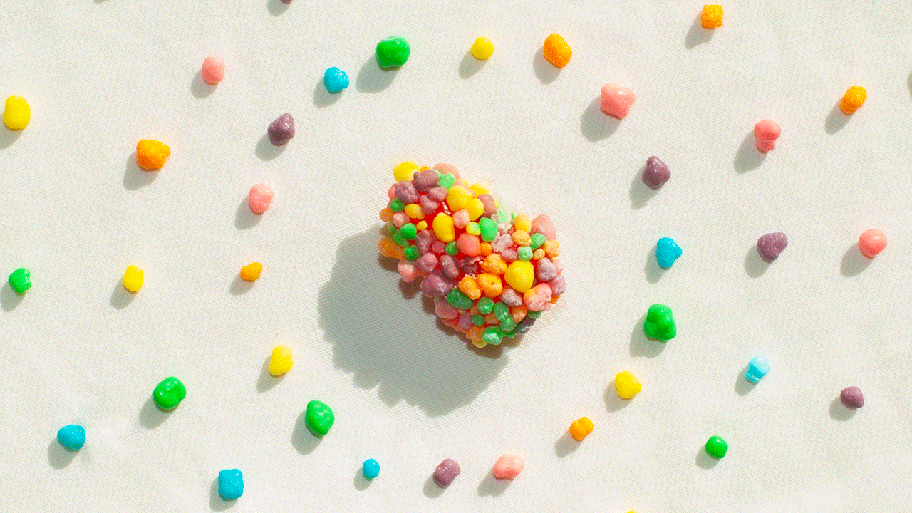 Animated photo illustration of Nerd candy dancing and rotating around one giant Nerd cluster. 