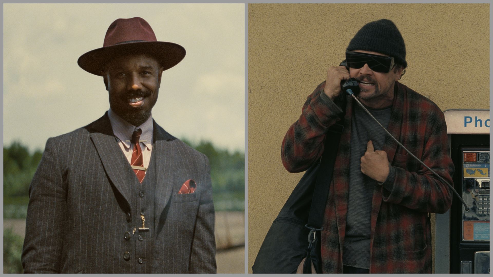 Split image: left a man in a dark pinstripe suit with burgundy hat and red tie outdoors; right a man in a black beanie and sunglasses using a payphone, wearing a red plaid jacket.