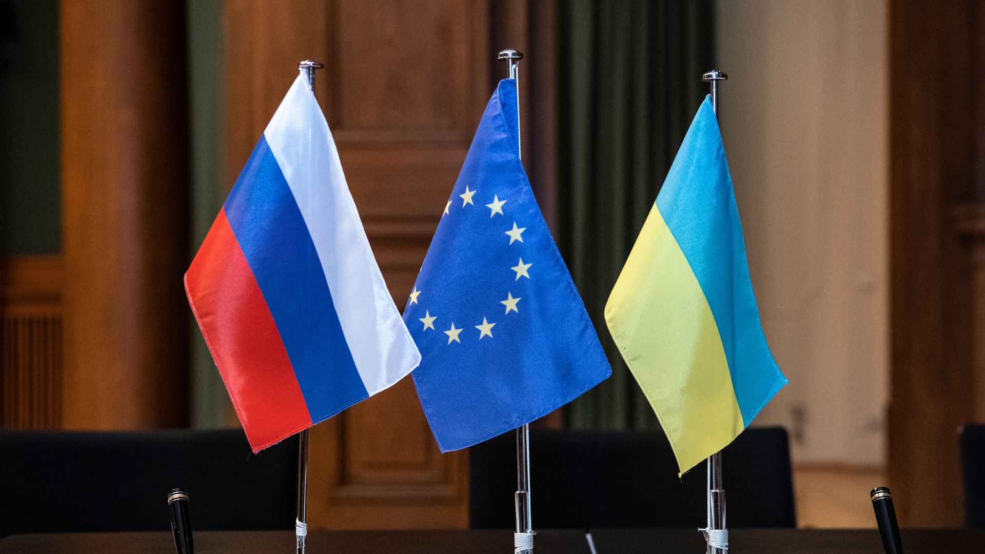 Flags of Russia, European Union and Crimea