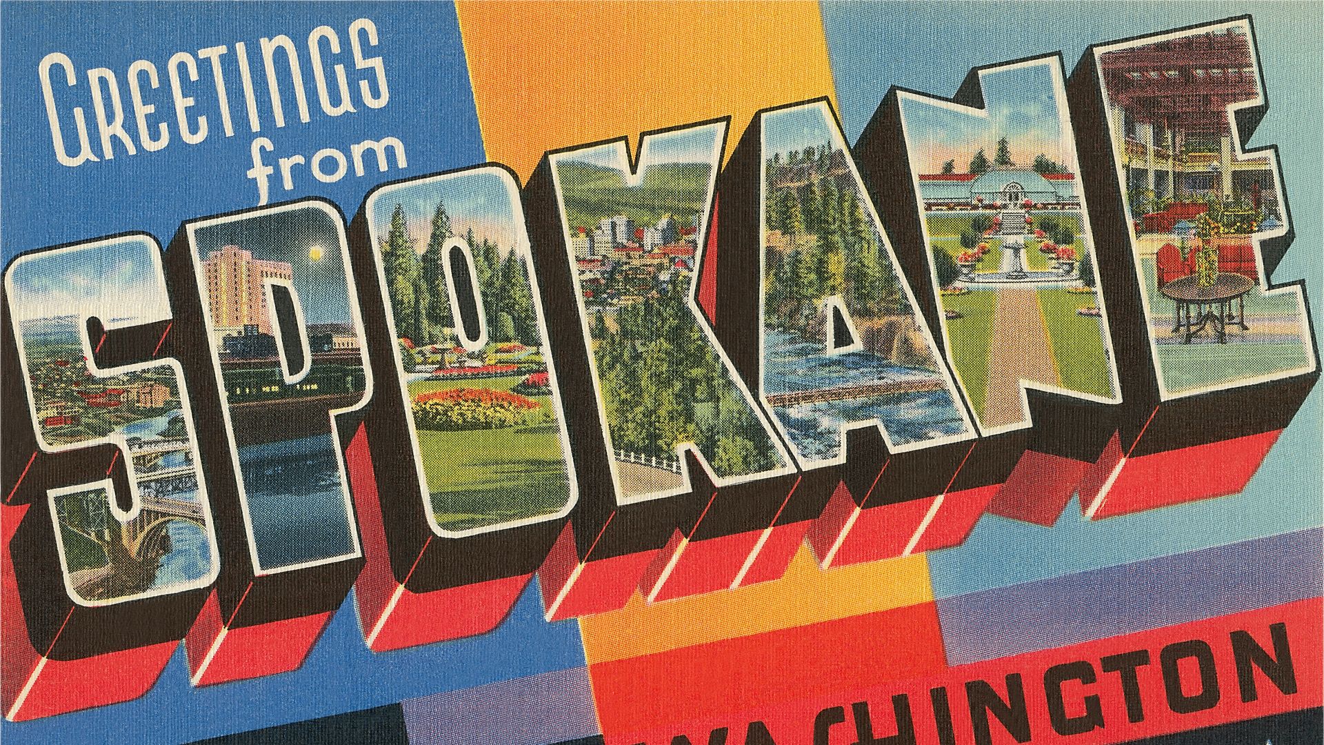 A brightly colored postcard that says Greetings From SPOKANE with Spokane in capitalized block letters that feature images of the city.