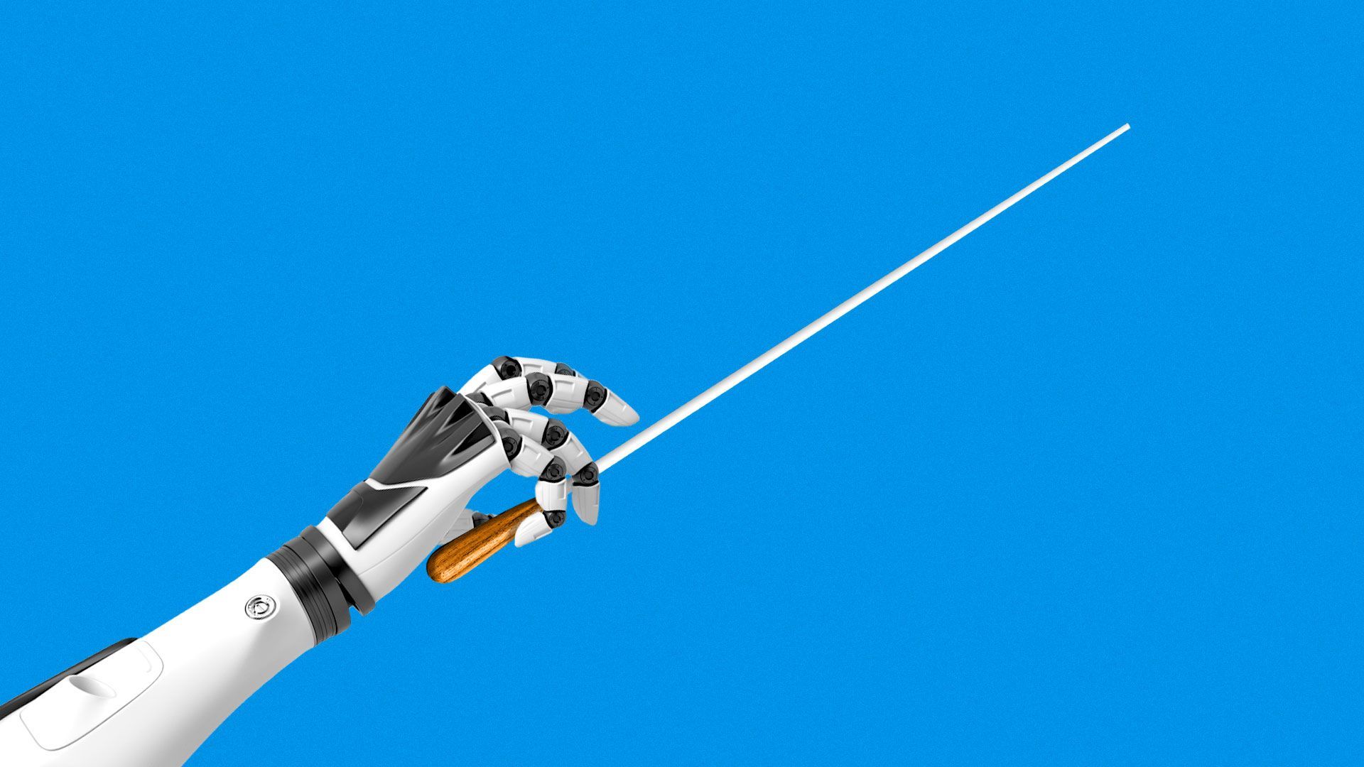 Illustration of robot hand holding a conductor’s baton