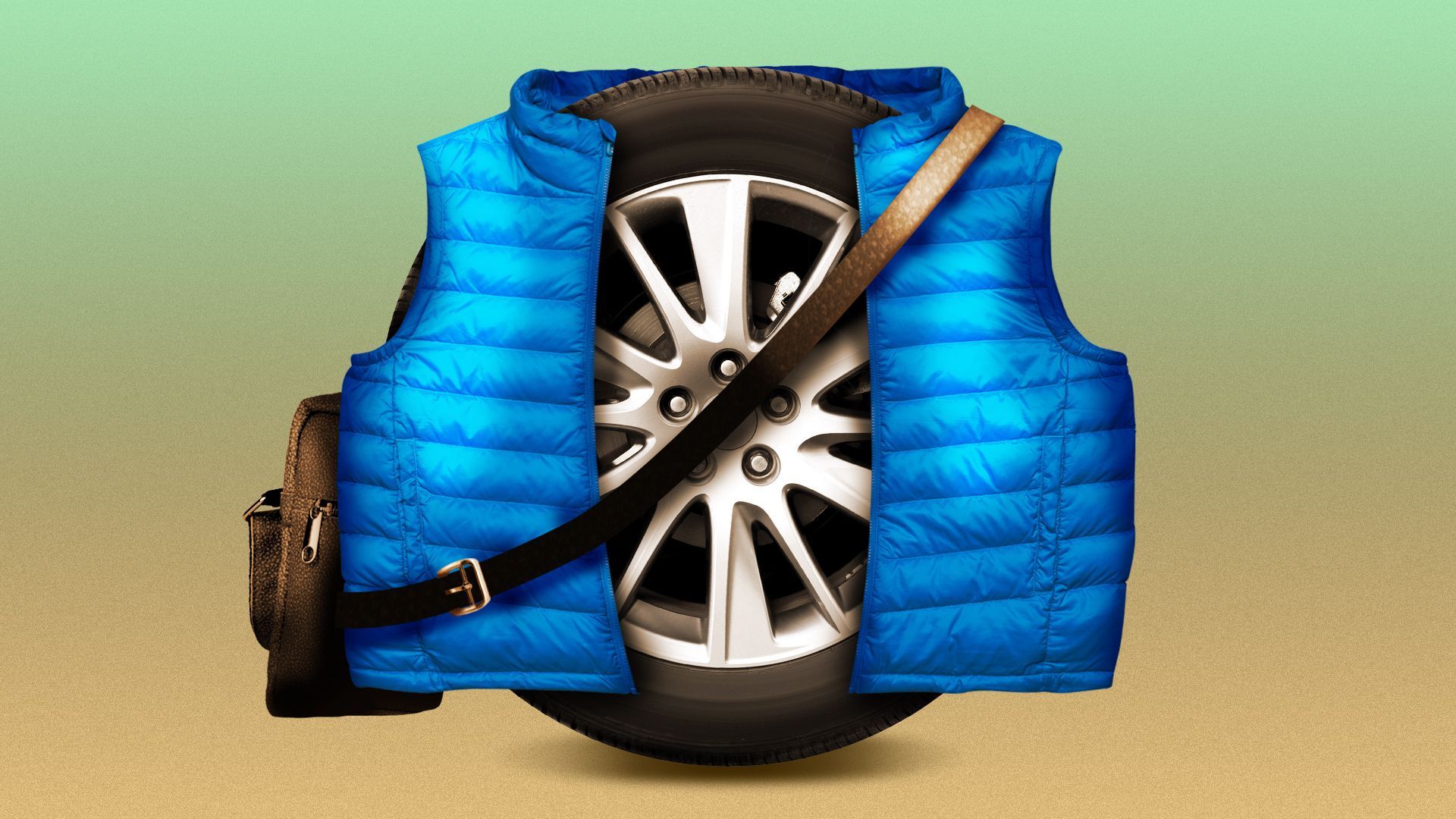Illustration of a car tire wearing a puffer vest and a side laptop bag 