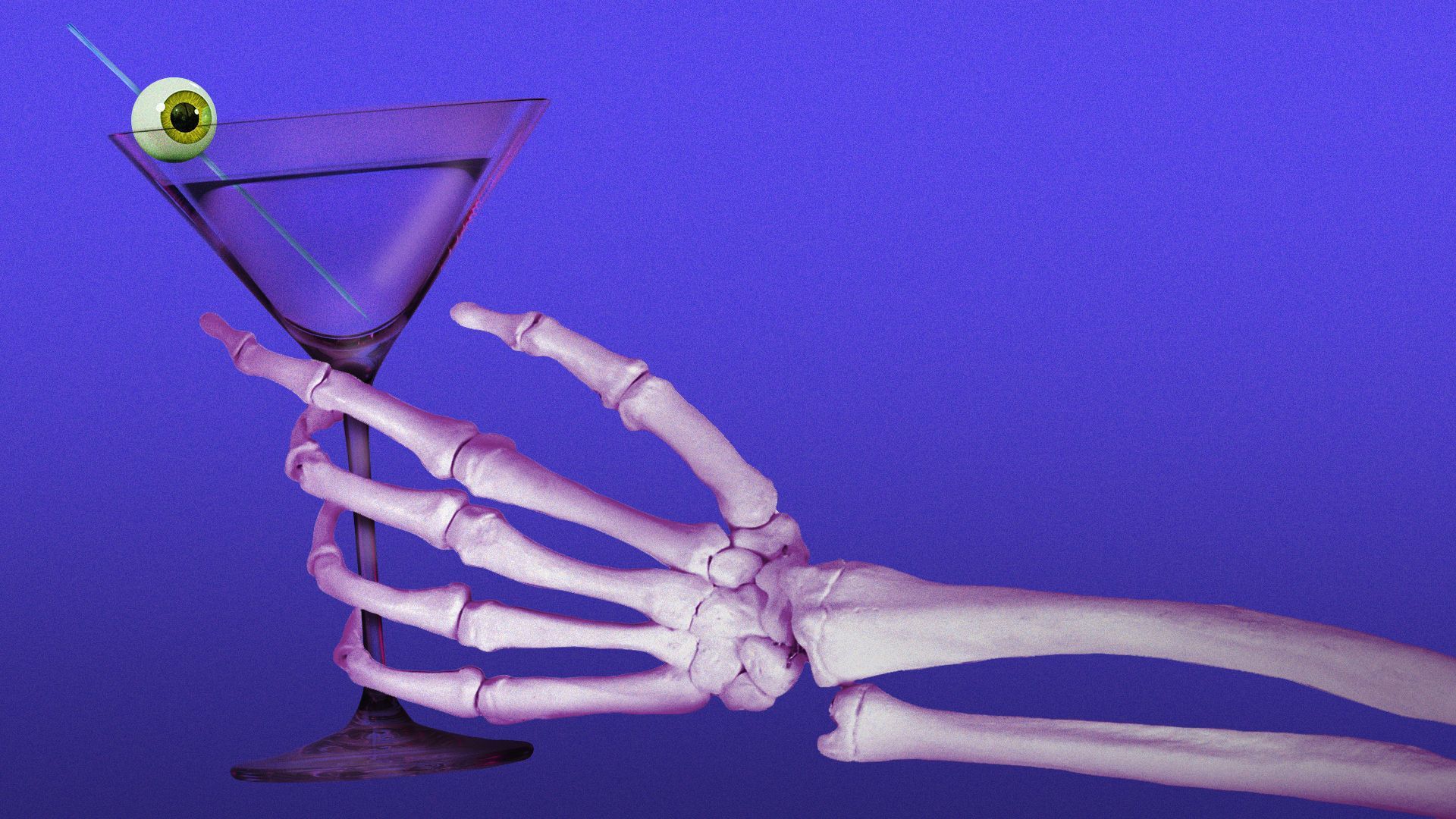 Illustration of a skeleton hand holding a martini with an eyeball instead of an olive.