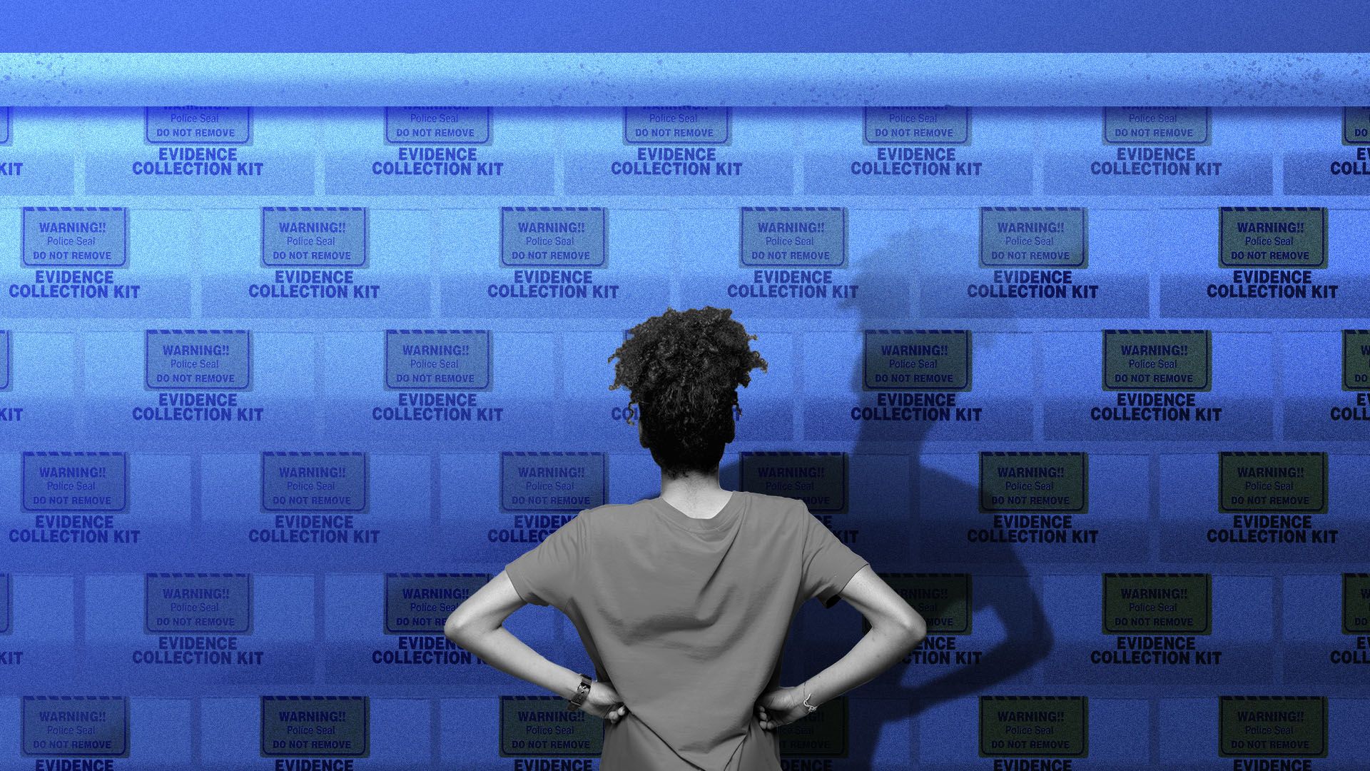 Illustration of a woman with her hands on her hips facing a wall made out of police evidence collection kit boxes