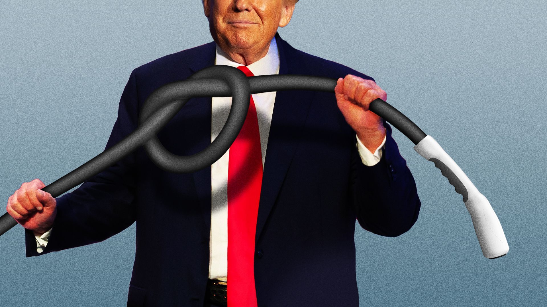 Illustration of Donald Trump tying an EV cord into a knot. 