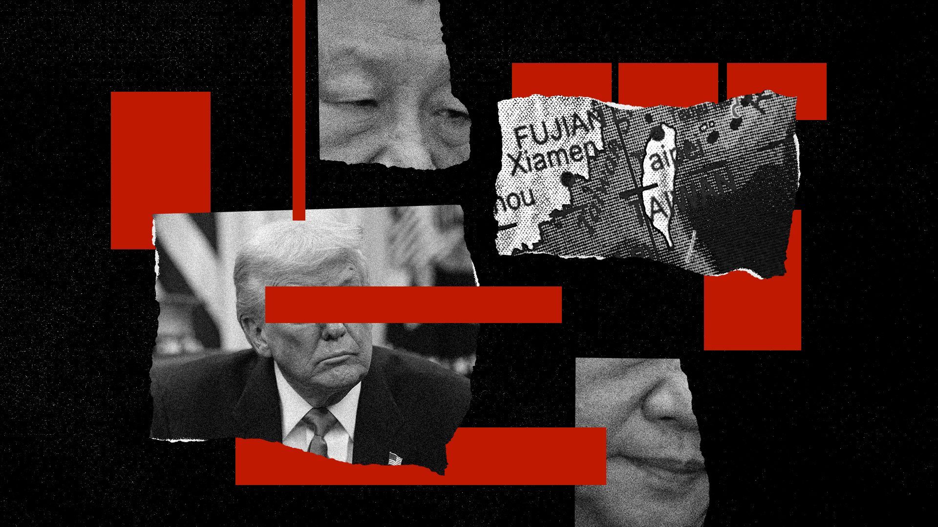 Photo illustration of Donald Trump and Xi Jinping on torn up pieces of paper near a torn map showing Taiwan. 