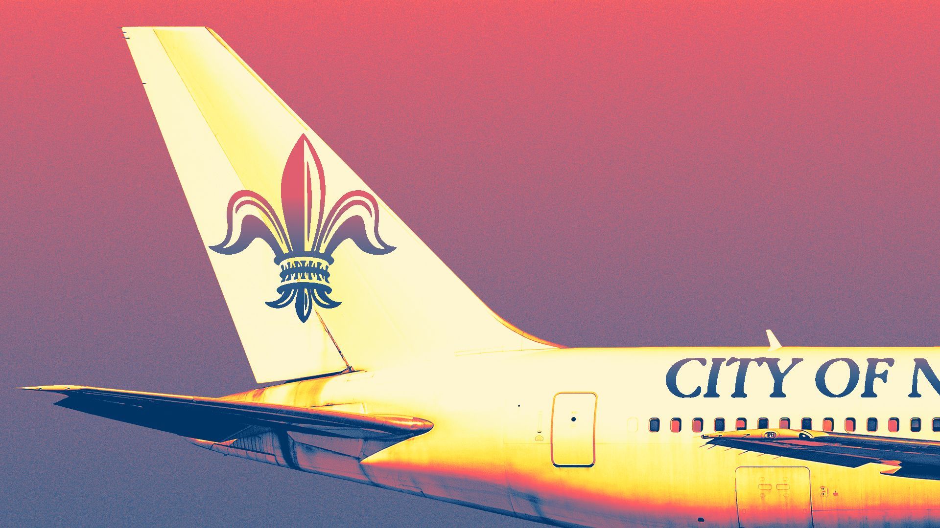 Illustration of a plane with the City of New Orleans logo on its tail, and the words CITY OF NEW ORLEANS on the side.