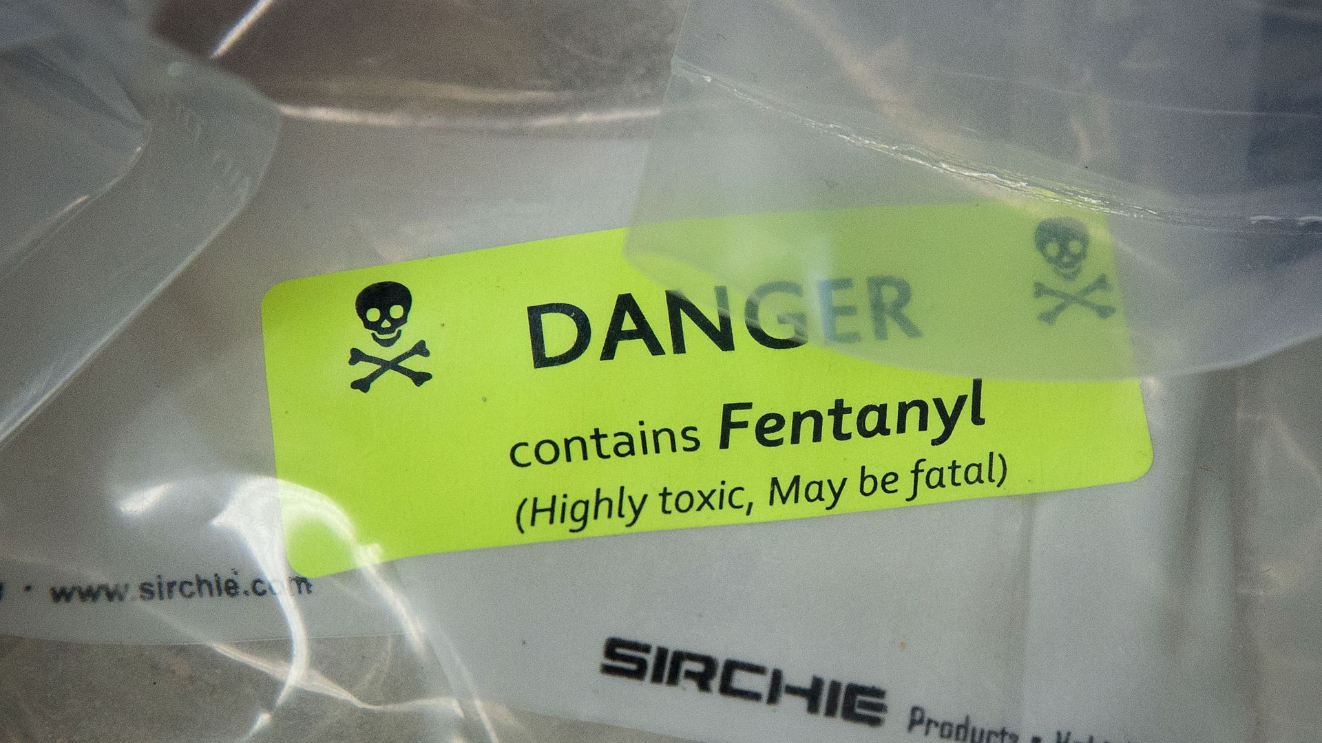 Danger: Fentanyl signs on a bag of fentanyl.