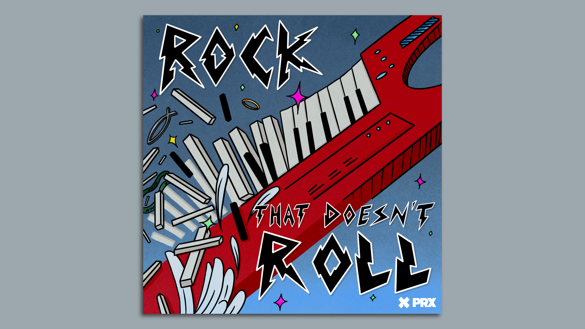 Smashed red keyboard with the words Rock and Roll around it on a blue background.