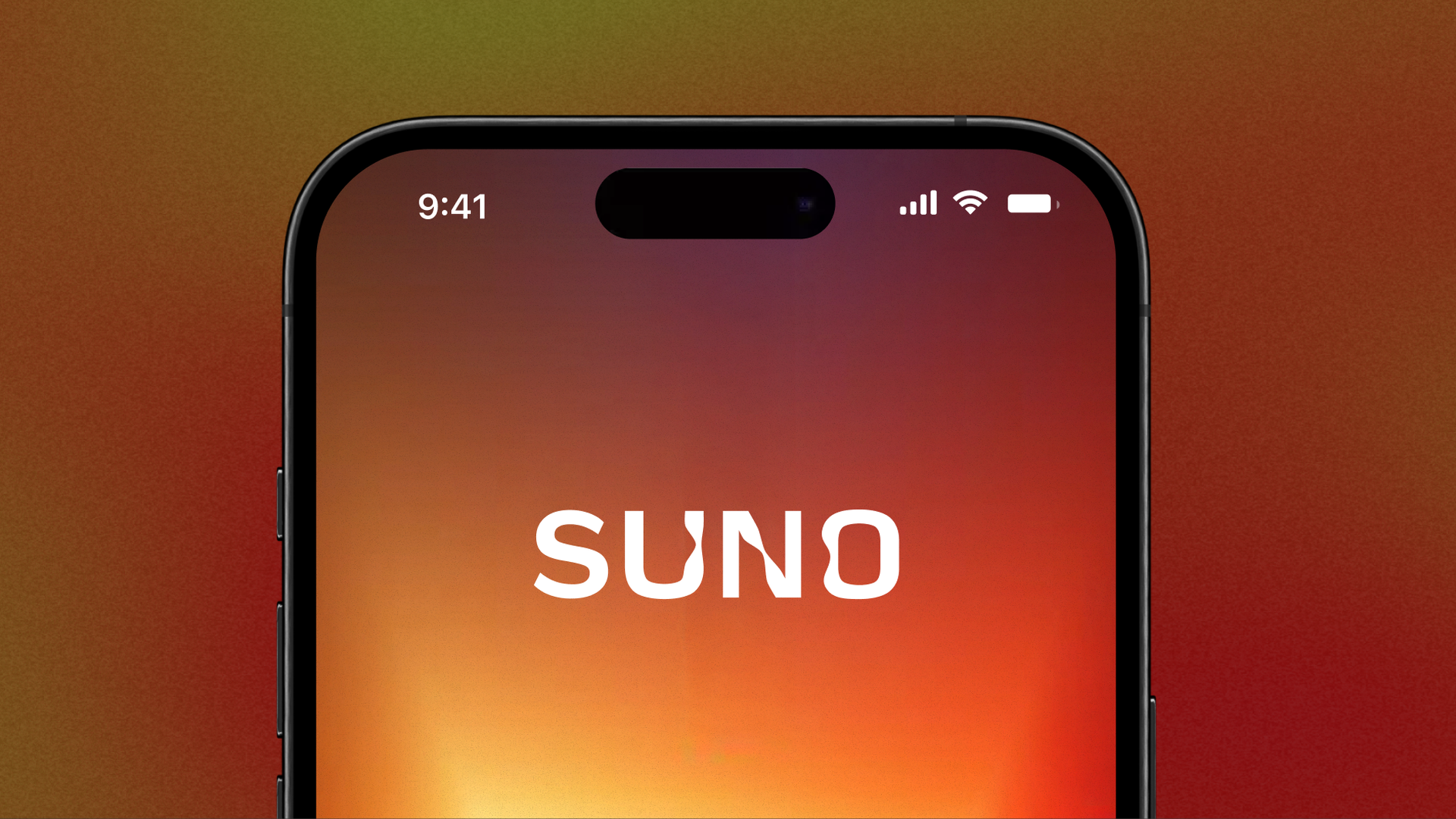 Photo of the Suno logo on a phone screen with an orange background 