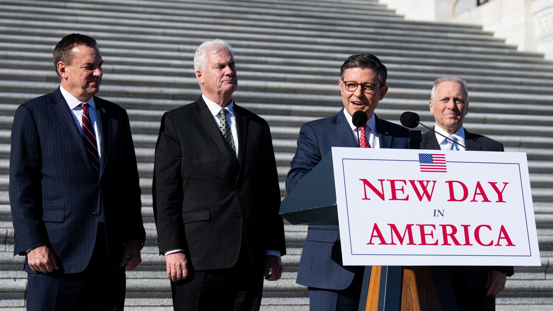 NRCC chairman Rep. Richard Hudson, R-N.C., House Majority Whip Tom Emmer, R-Minn., Speaker Mike Johnson, R-La., and House Majority Leader Steve Scalise, R-La., hold a post-election news conference outside the Capitol on Tuesday, November 12, 2024. (Bill Clark/CQ-Roll Call, Inc via Getty Images)