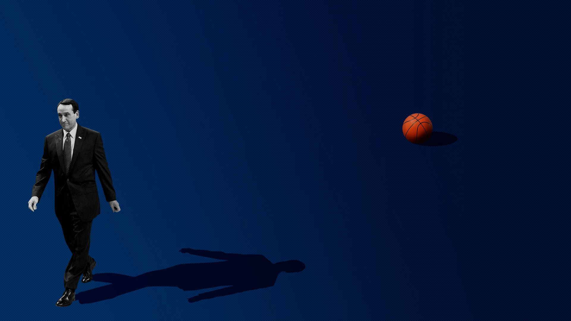 Photo illustration of Mike Krzyzewski walking away from a basketball