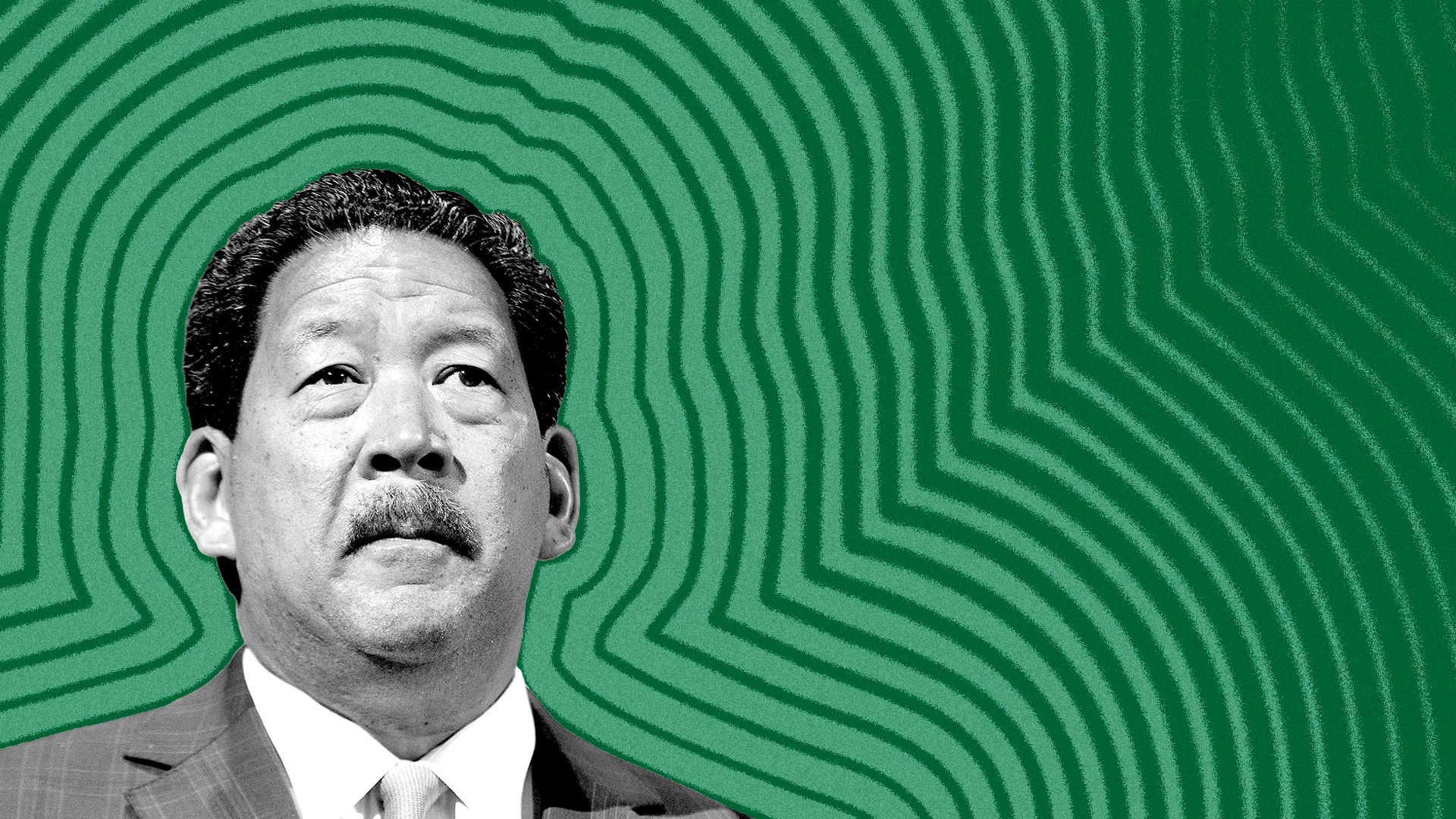 Photo illustration of Seattle Mayor Bruce Harrell with lines radiating from him. 