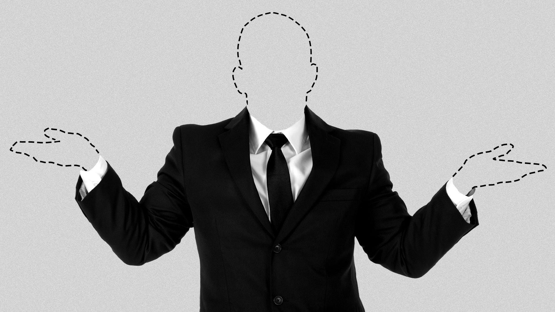 A dotted outline of a person in a suit shrugging.
