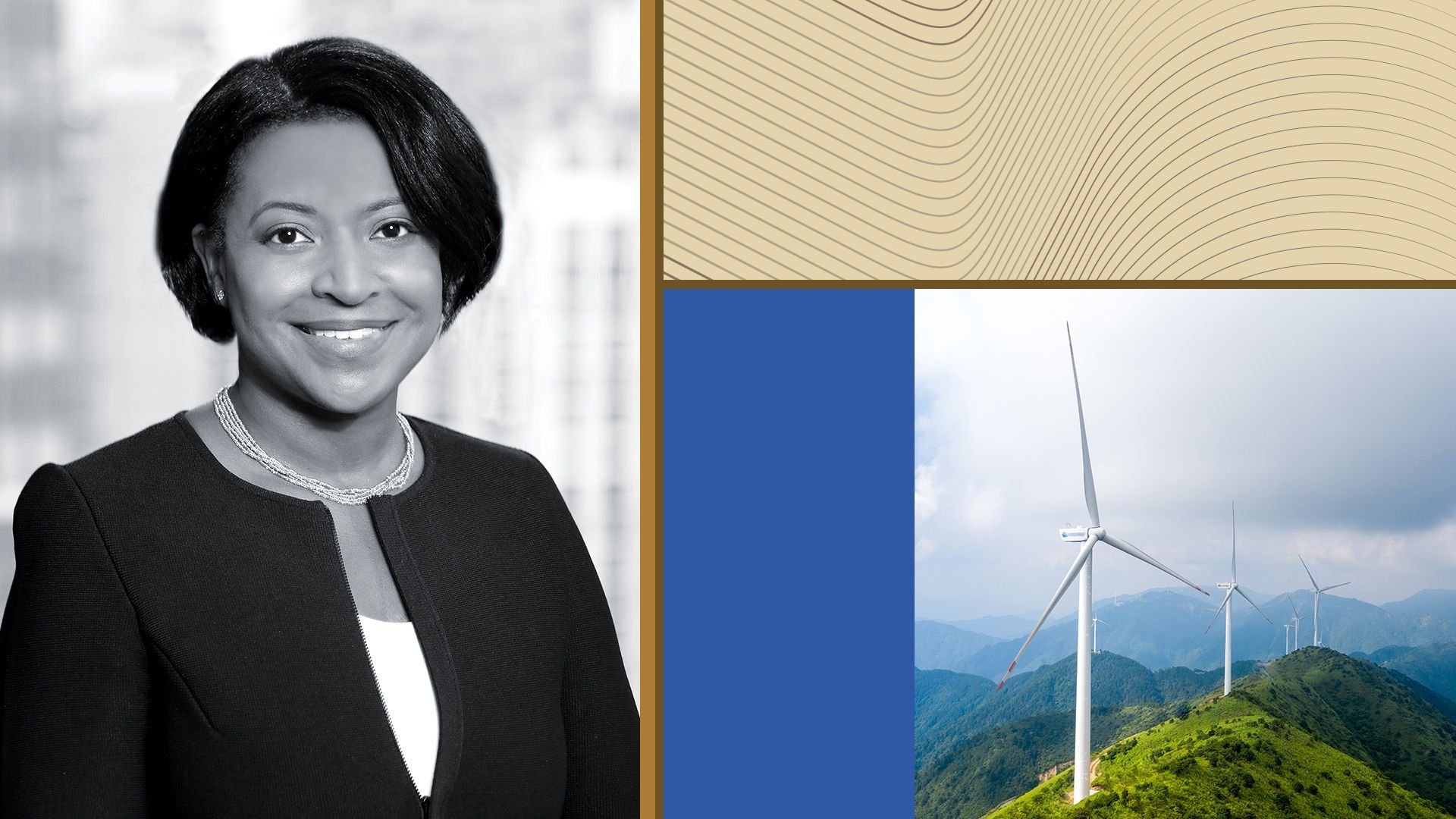 Photo illustration of Tanya Barnes surrounded by abstract shapes and photos of renewable energy. 
