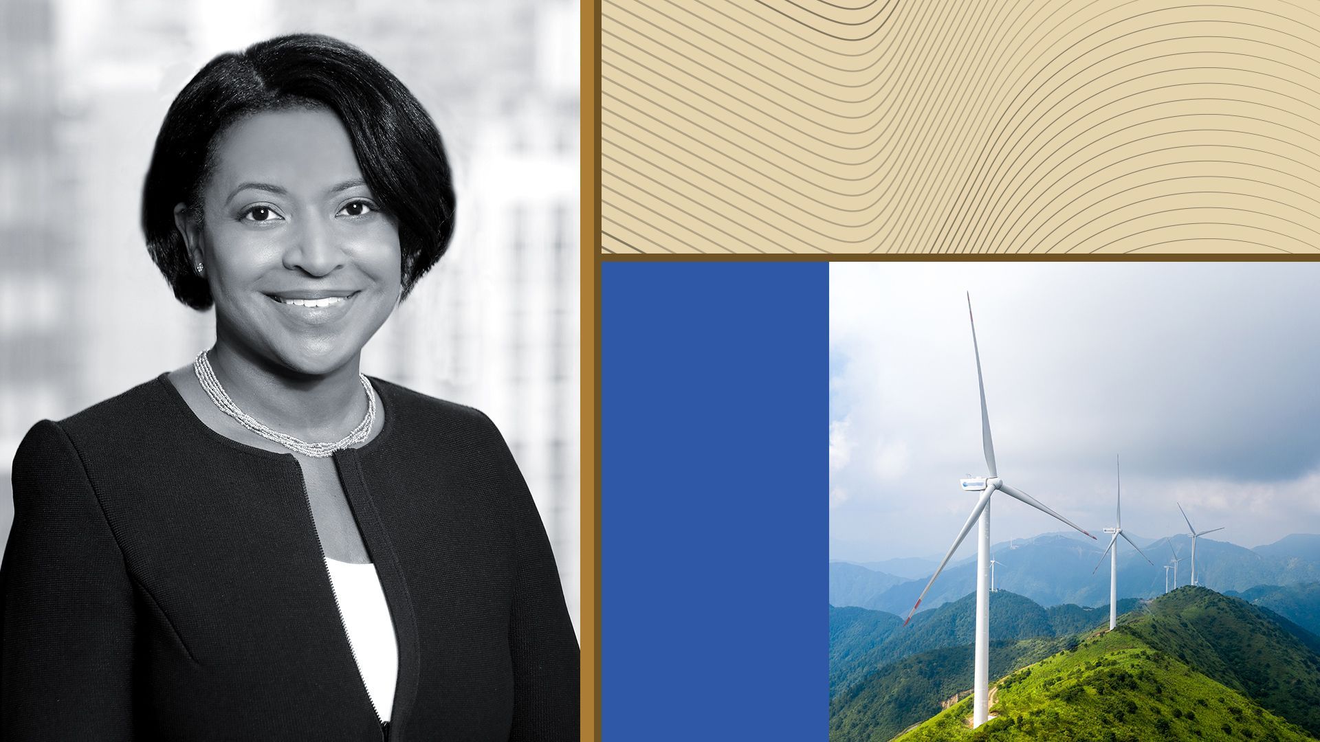 Photo illustration of Tanya Barnes surrounded by abstract shapes and photos of renewable energy.