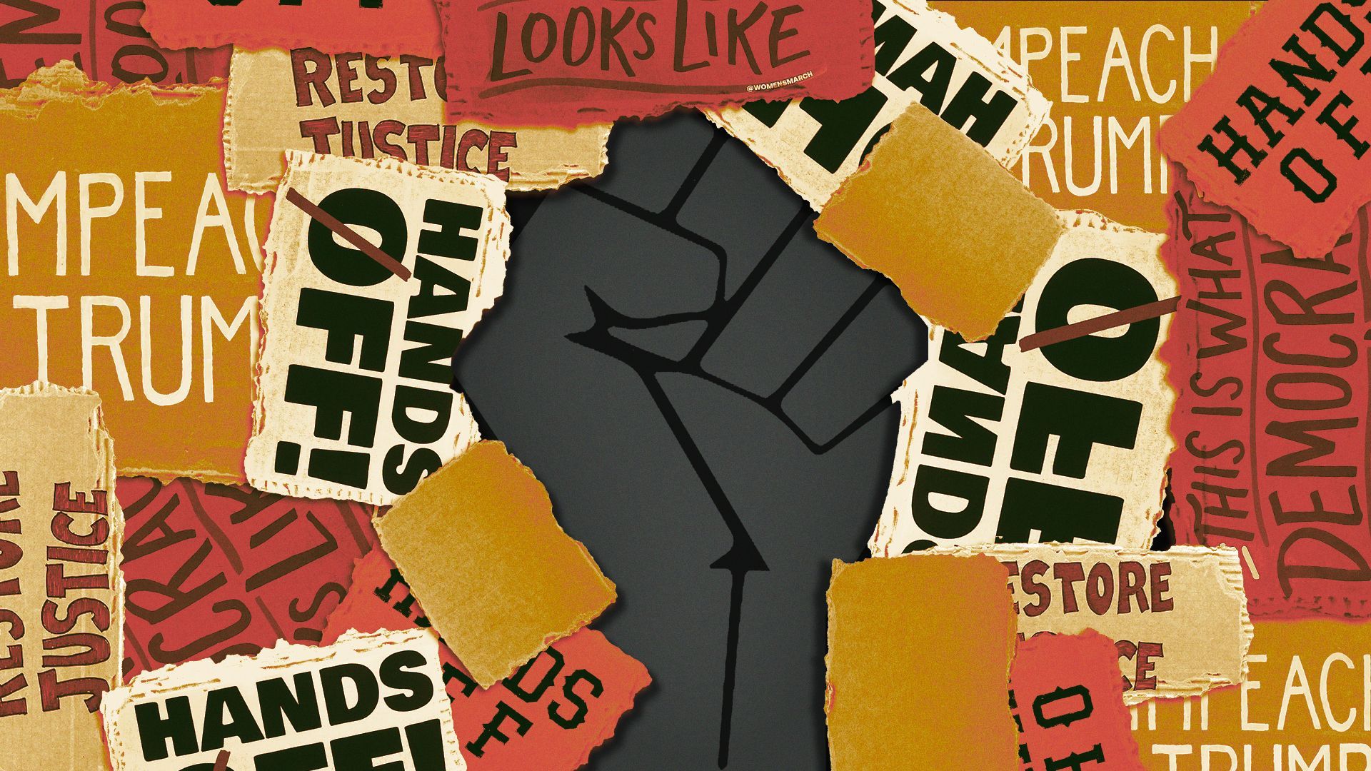 Illustration of protest signs forming a hole in the shape of a fist.