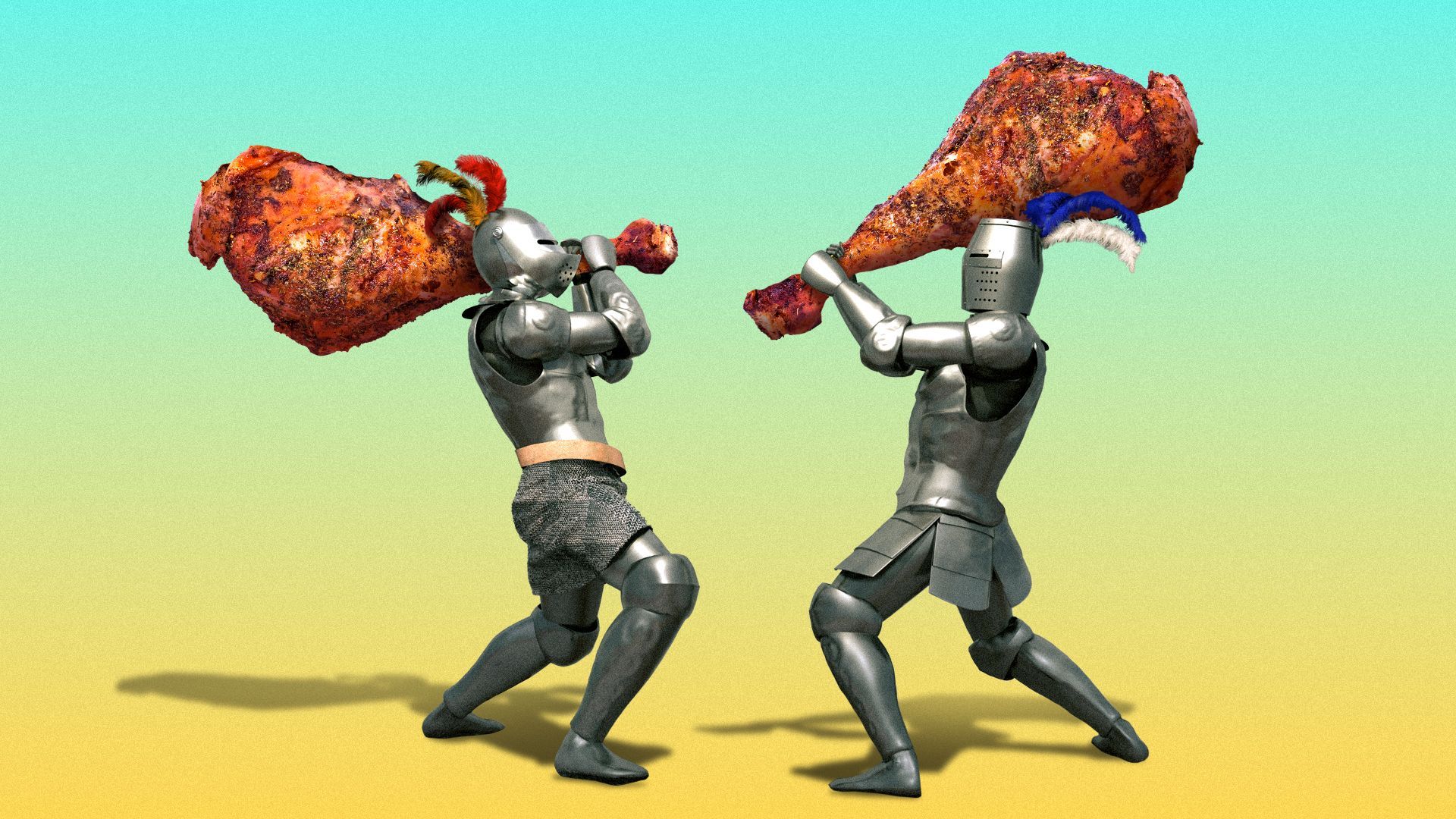 Illustration of two knights in armor fighting with big turkey legs.