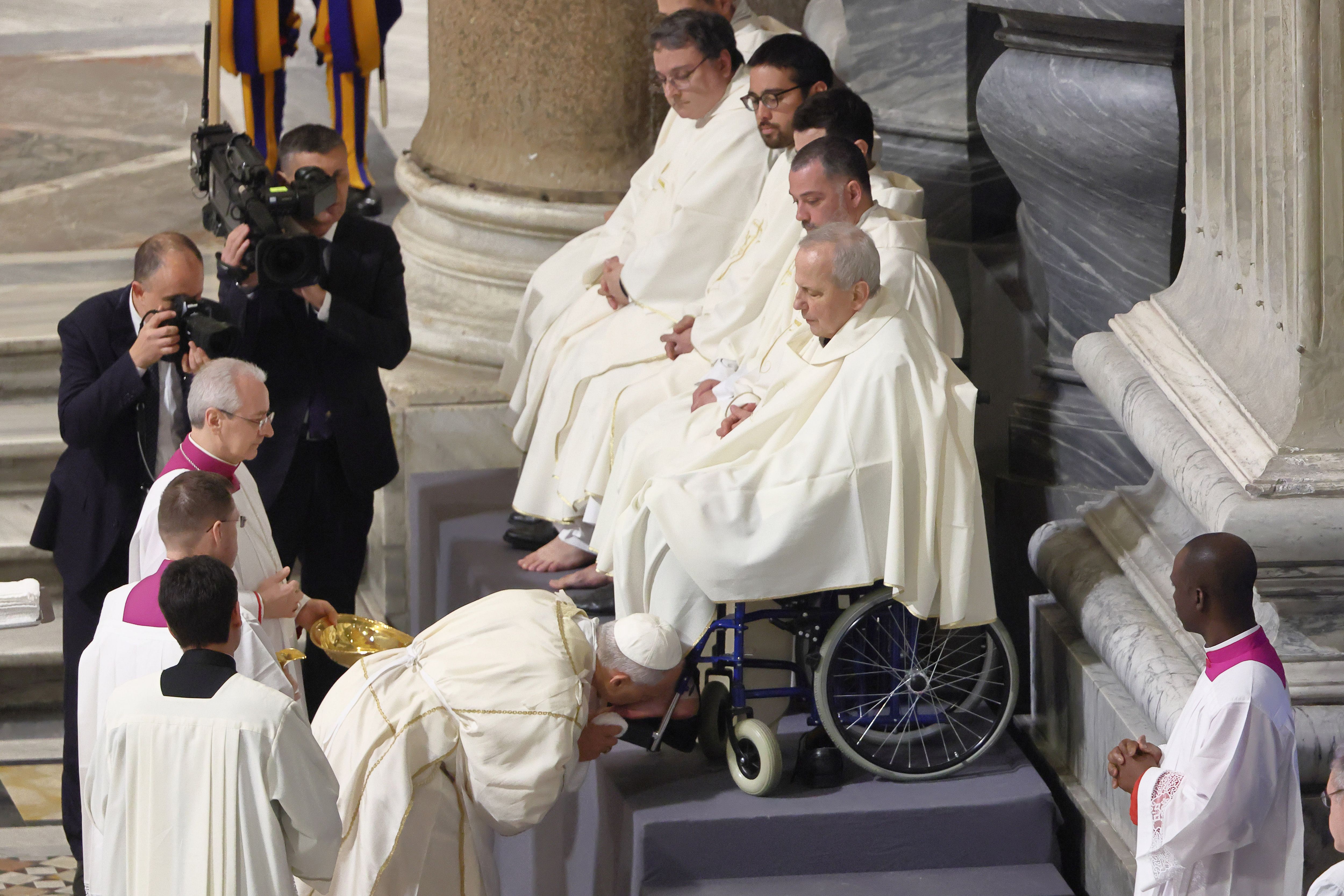 Pope Leo XIV presides over the traditional washing of the feet yesterday. Photo: Gregor Galazka via Vatican Pool/Getty Images
