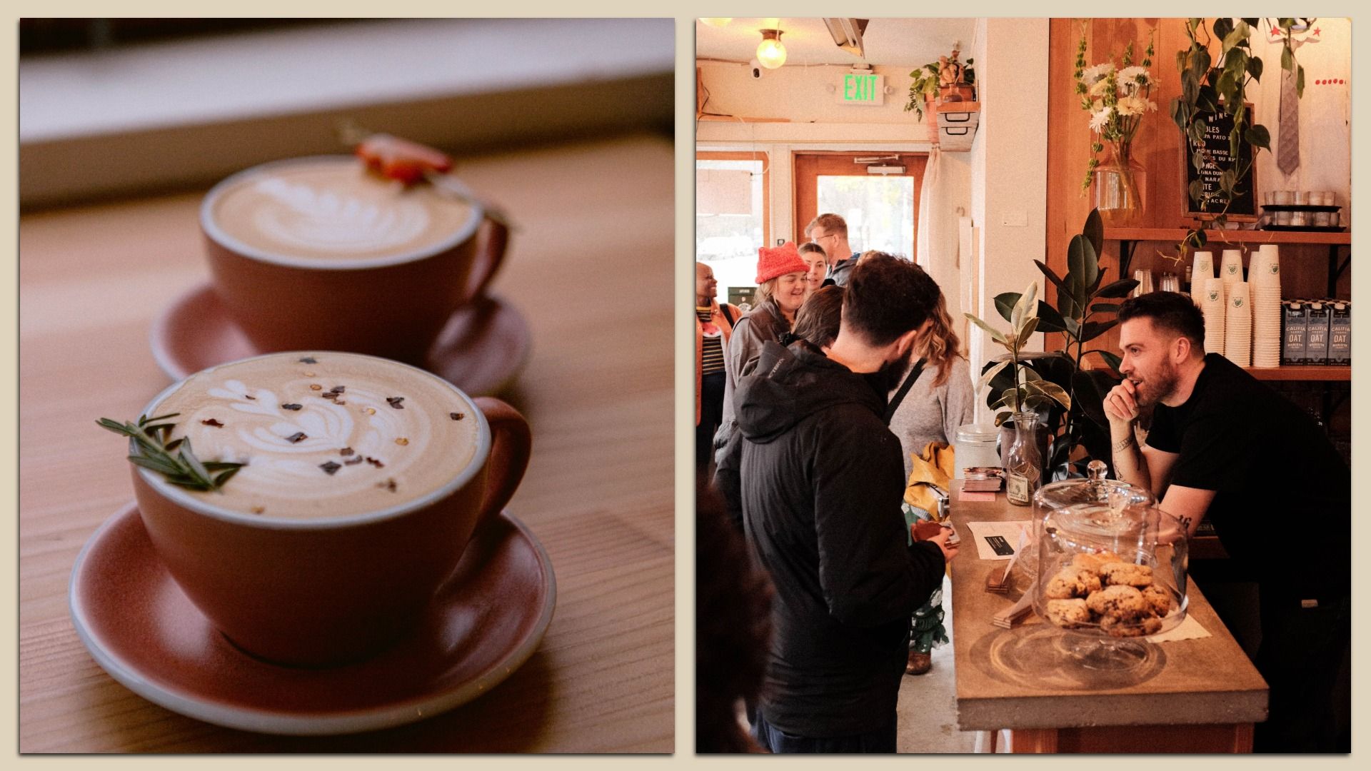 Two artisan lattes in brown cups sit on a wooden table, topped with latte art and herbs; beside, a cozy café scene shows a barista engaging warmly with customers near a cookie display.