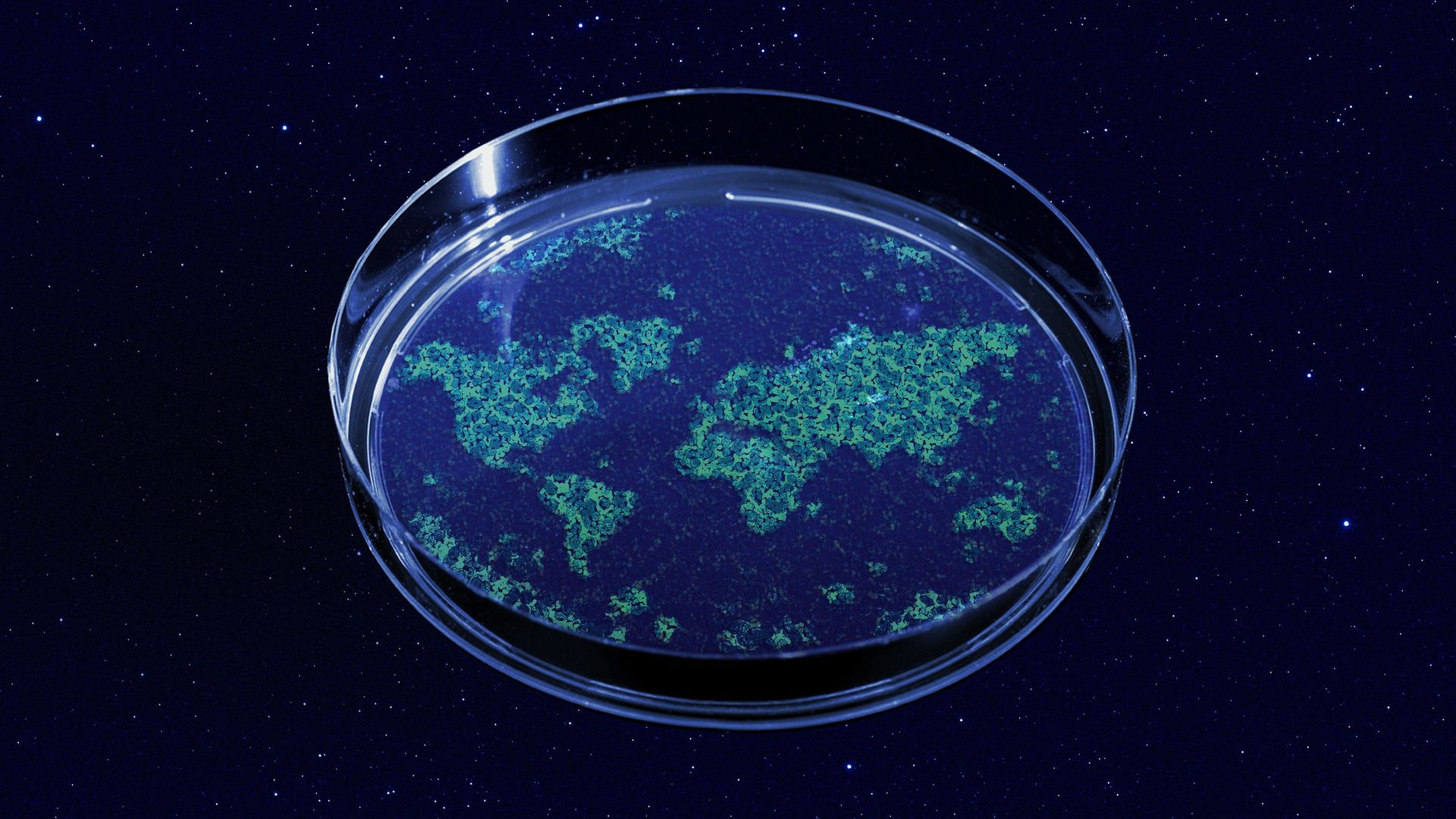 Illustration of a petri dish in space, with the world made out of bacteria