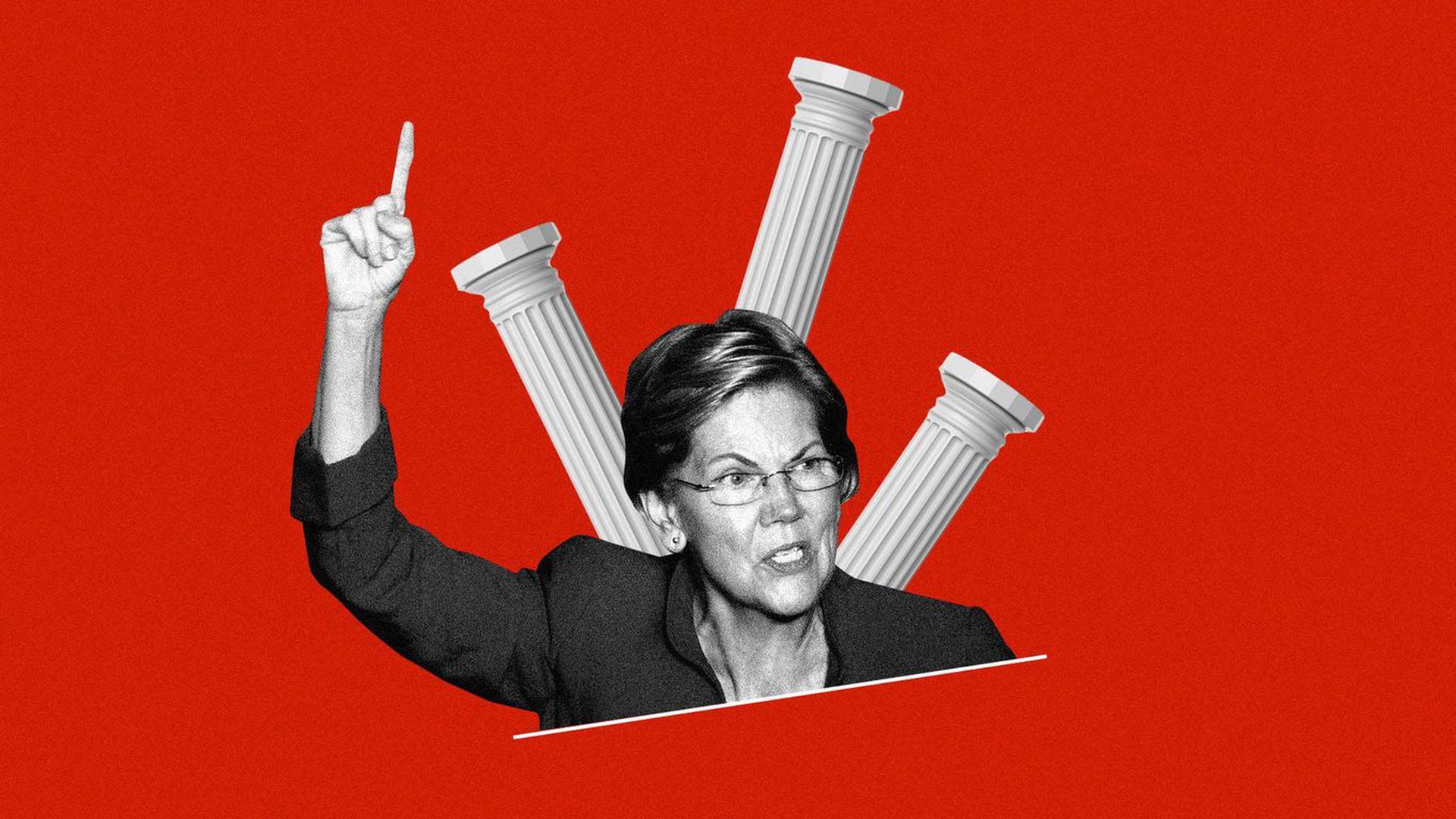 Elizabeth Warren in front of a bunch of broken columns and a red background.