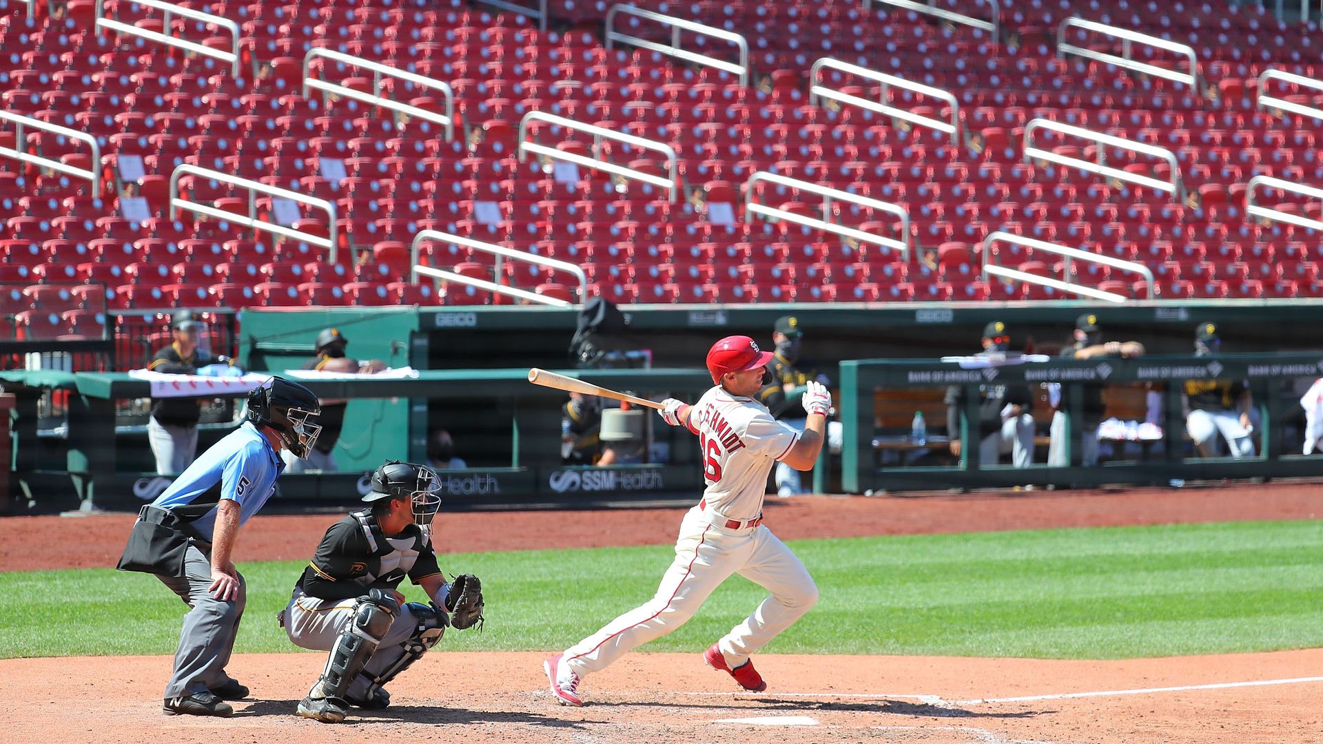 Paul Goldschmidt #46 of the St. Louis Cardinals hits a single against the Pittsburgh Pirates seventh inning at Busch Stadium on July 25, 2020 in St Louis, Missouri.