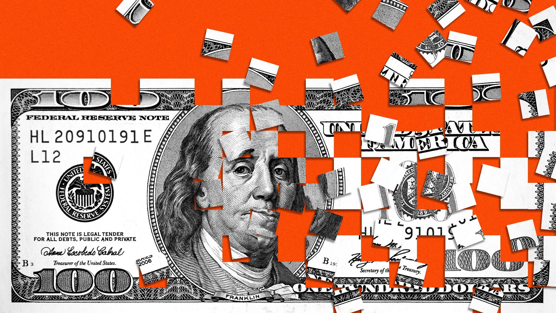 Illustration broken up hundred dollar bill