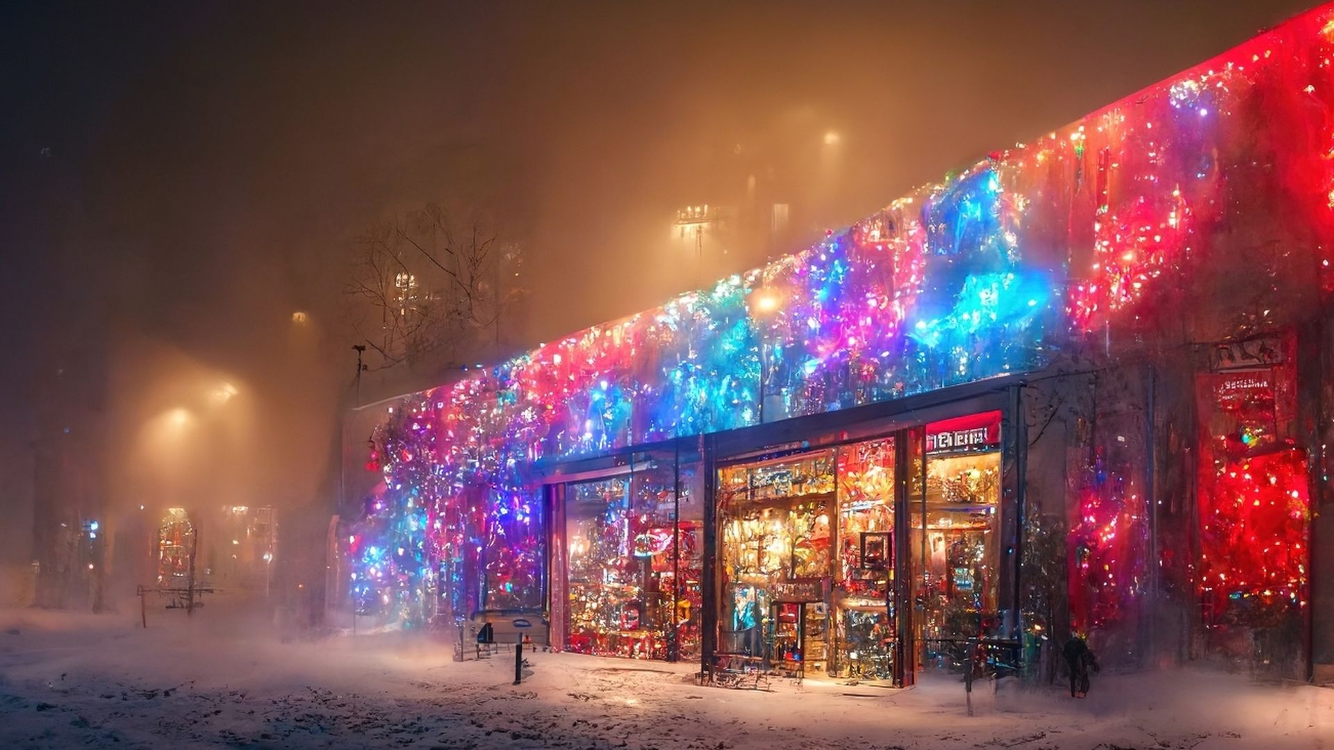 A fanciful scene of a snowy, brightly lit storefront made with the help of generative AI