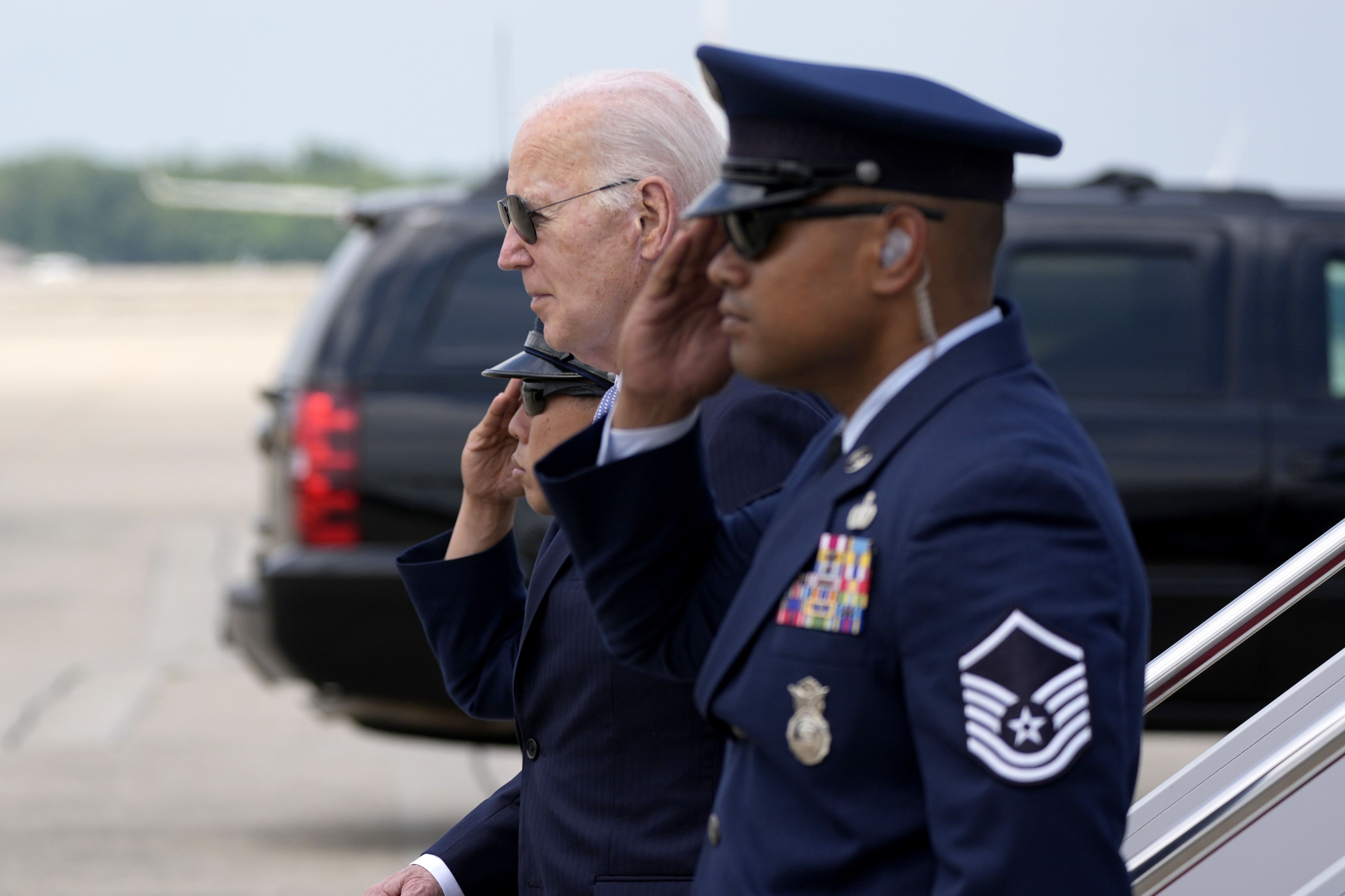 President Biden arrives at Andrews Air Force Base outside D.C. on Air Force One yesterday.