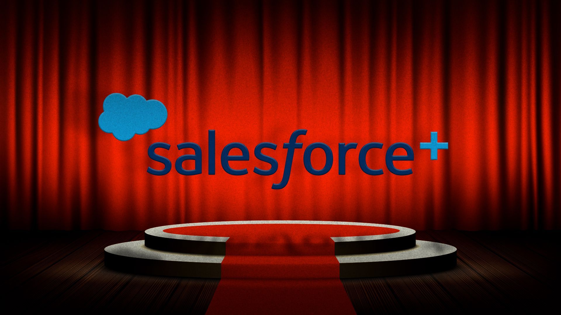 Salesforce+ logo on a theater stage.