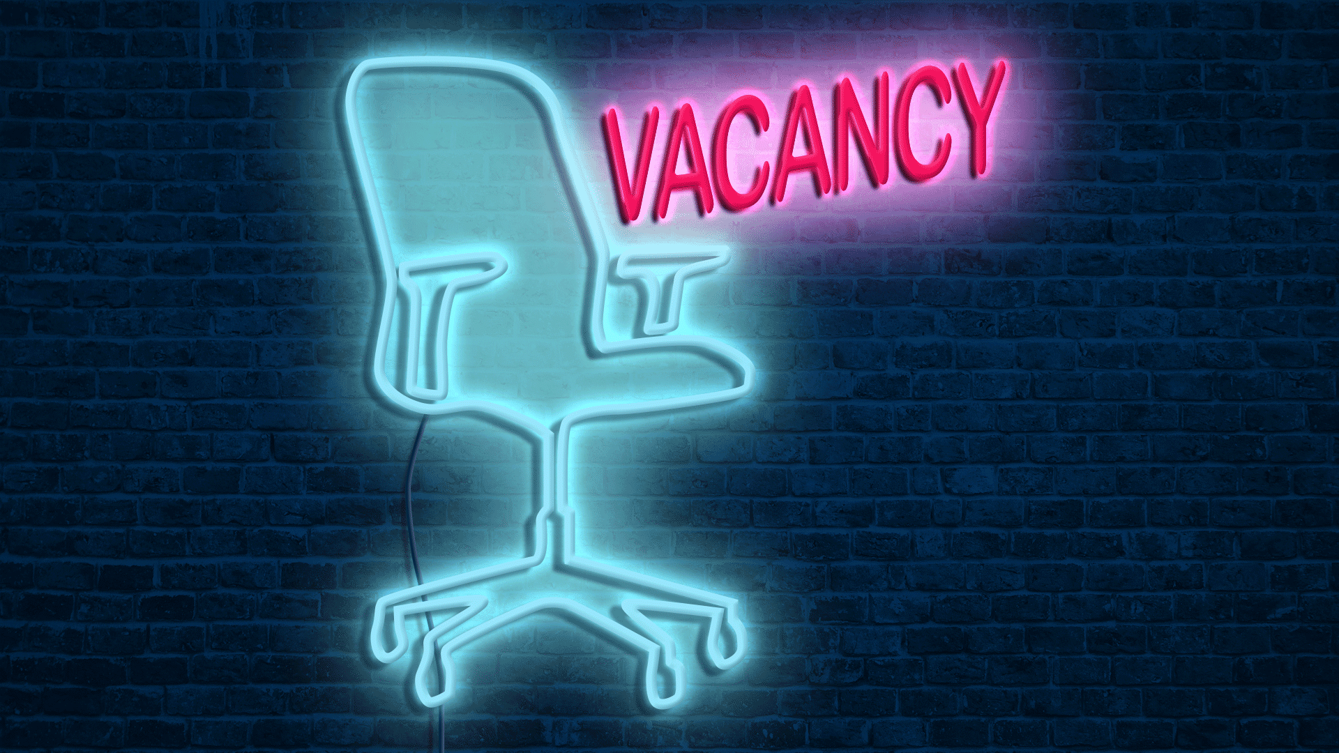 Illustration of an office chair neon sign with the word vacancy flashing next to it