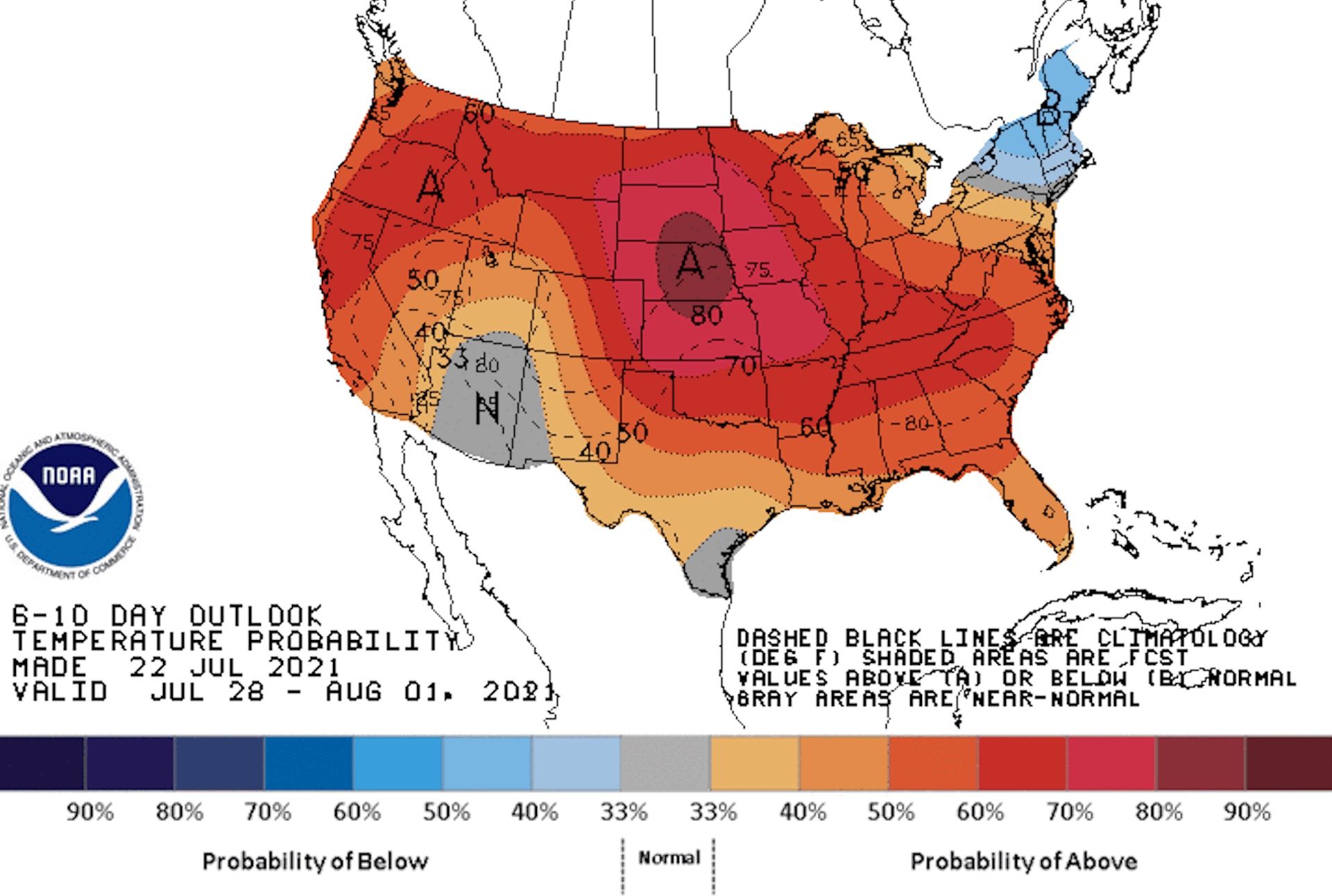 Map with red and blue colors showing temperature outlook across the U.S. in the next week to two weeks.