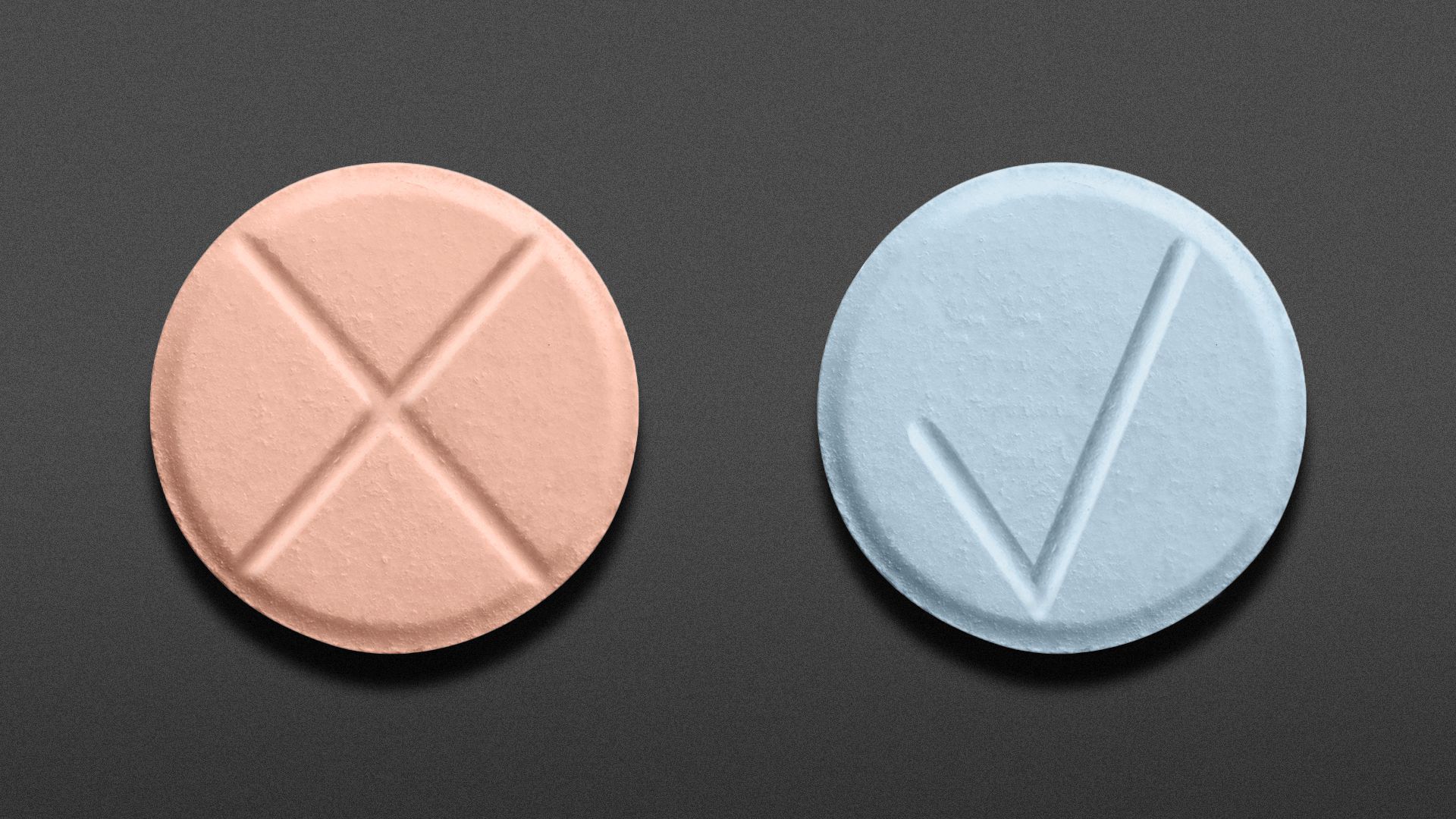Illustration of two pills side-by-side, one with an etched "X" and one with an etched checkmark