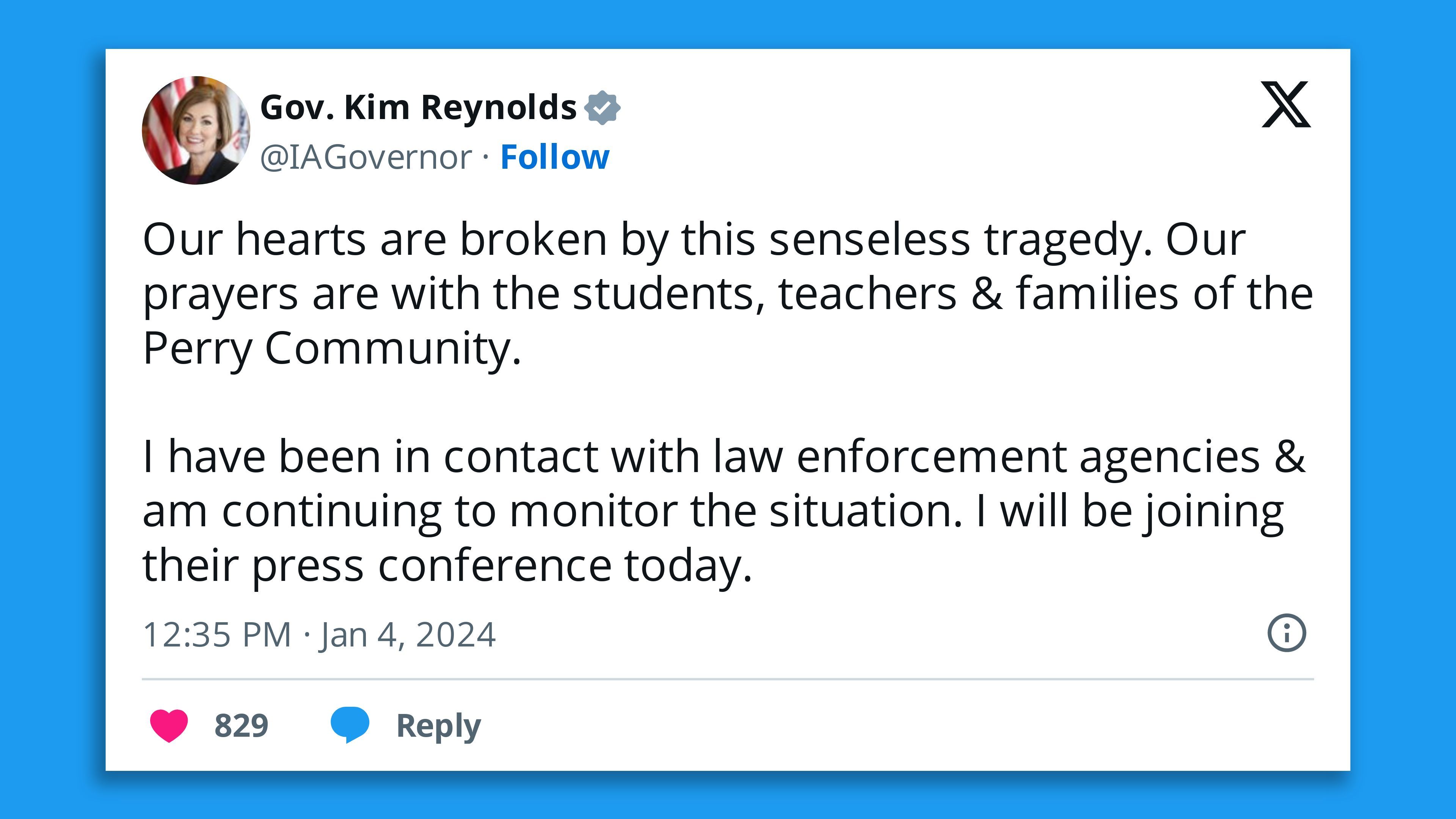 A screenshot of gov. kim reynolds sayings "our hearts are broken by this senseless tragedy."