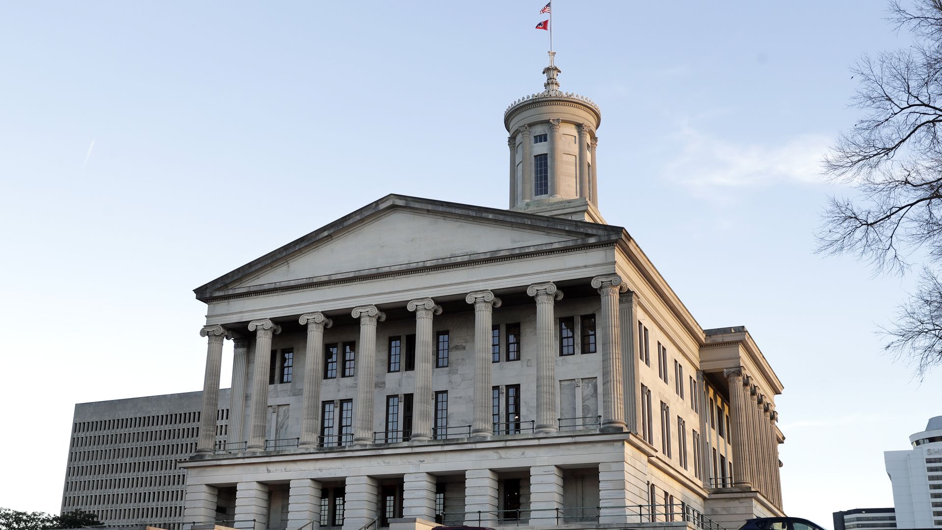 An exterior shot looking up at the Tennessee State Capitol