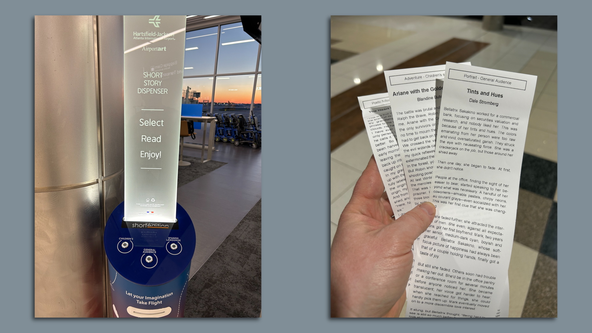 A photo of a slim kiosk that dispenses short stories and a hand holding receipt-like printouts of stories