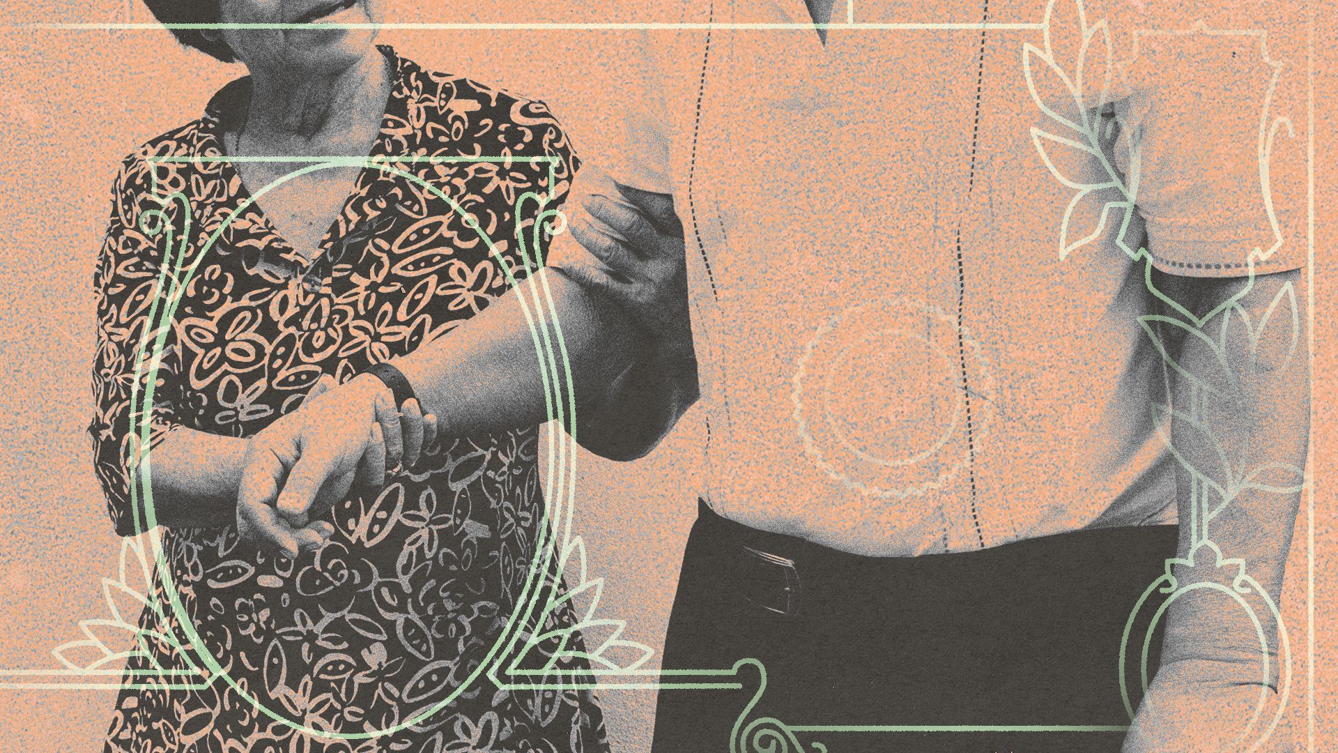 Illustration of an elderly woman helping an elderly man walk with a dollar bill graphic overlaid.