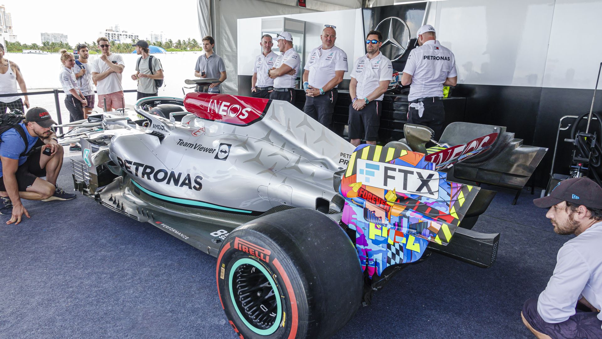 Miami Beach, Florida, FTX Off the Grid free event, Race Weekend Grand Prix, Mercedes-AMG Petronas Formula One Team car on display.