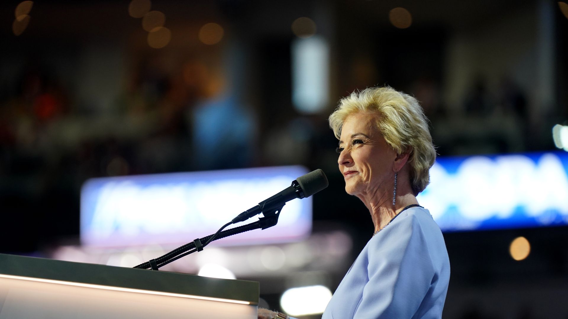 Linda McMahon, former administrator of the US Small Business Administration, speaks during the Republican National Convention (RNC) at the Fiserv Forum in Milwaukee, Wisconsin, US, on Thursday, July 18, 2024. 