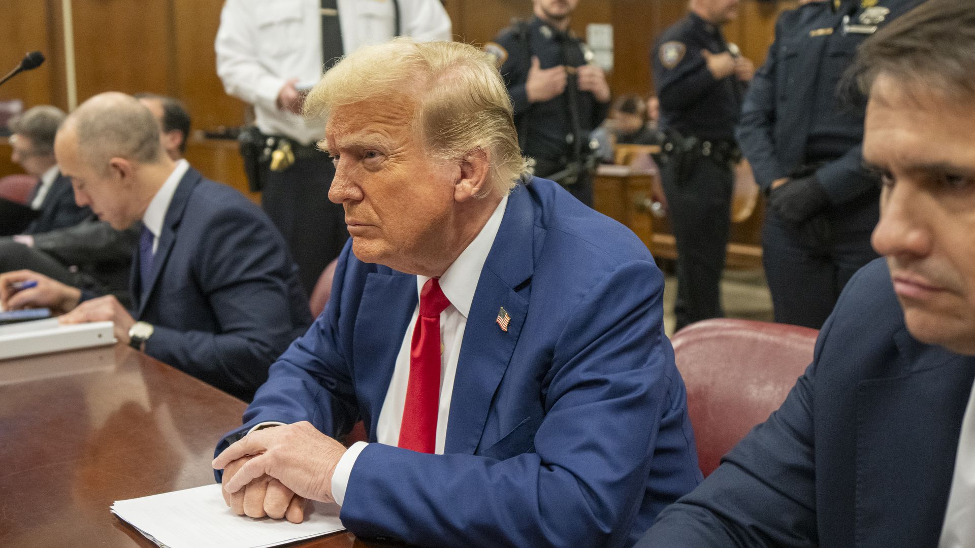 Former U.S. President Donald Trump appears in court during his trial for allegedly covering up hush money payments at Manhattan Criminal Court on May 6, 2024 in New York City.