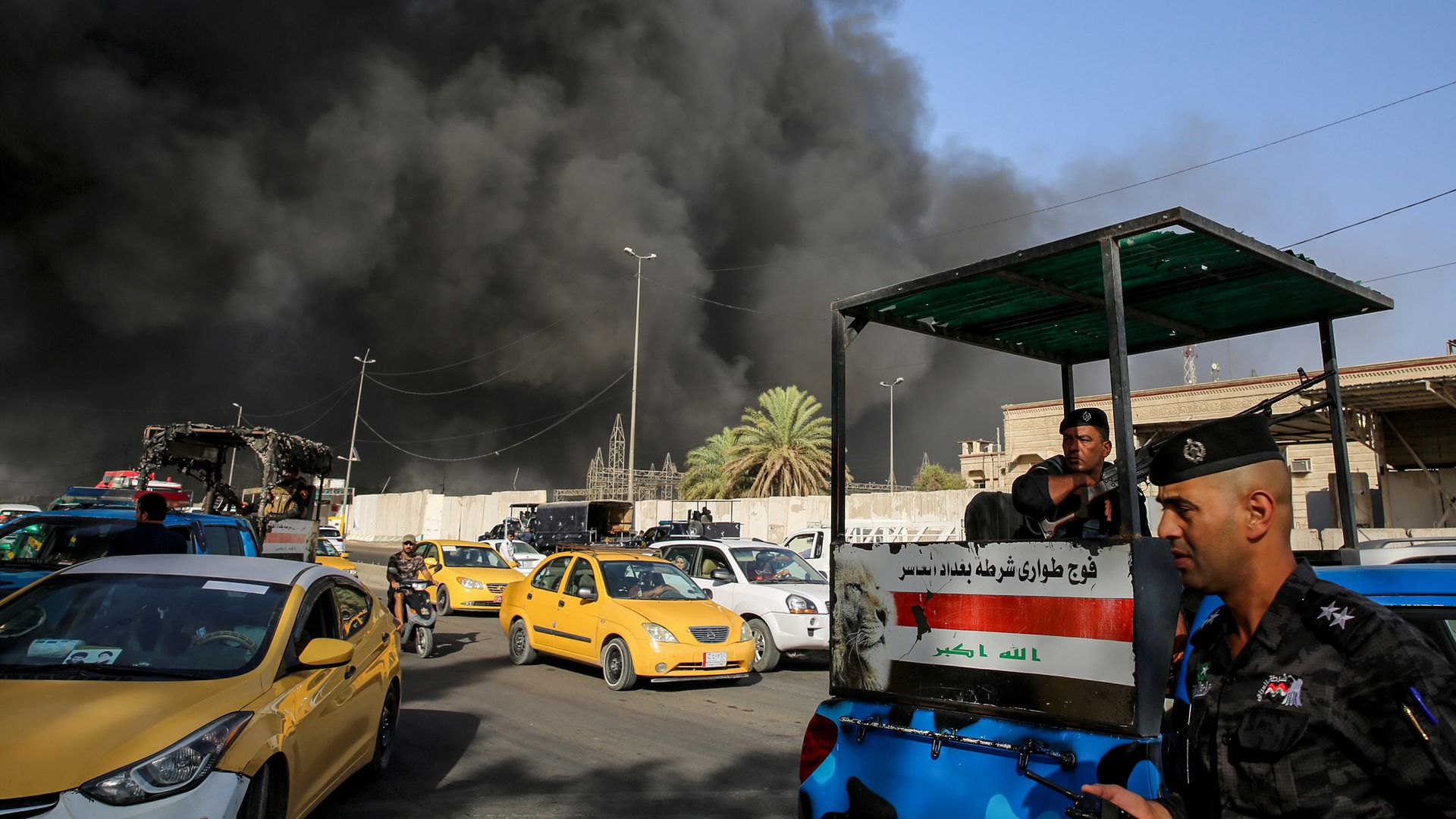 A fire truck at an election ballot warehouse in Baghdad.