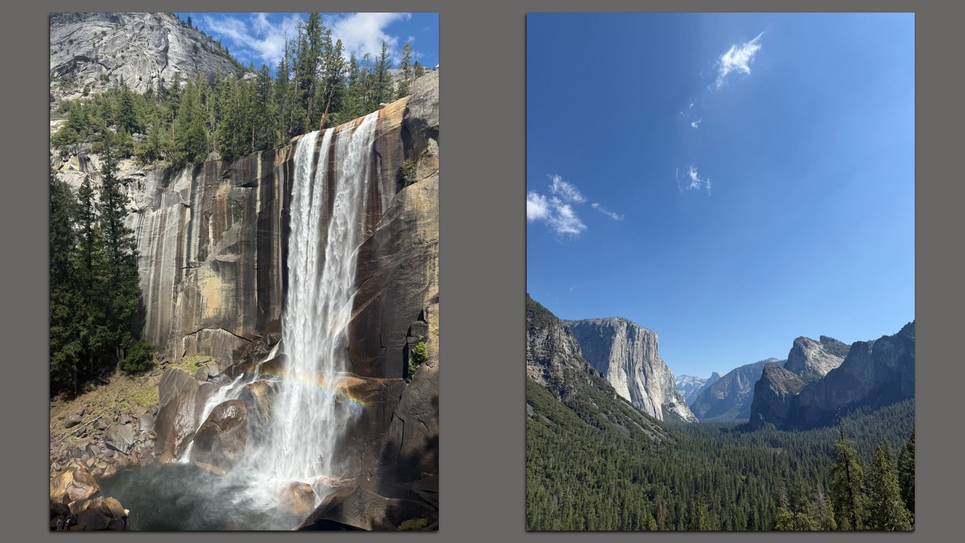 Two images side by side: left shows a tall waterfall cascading down rocky cliffs surrounded by green pine trees and a small rainbow at the base; right shows a valley with dense forest and granite cliffs under a clear blue sky.