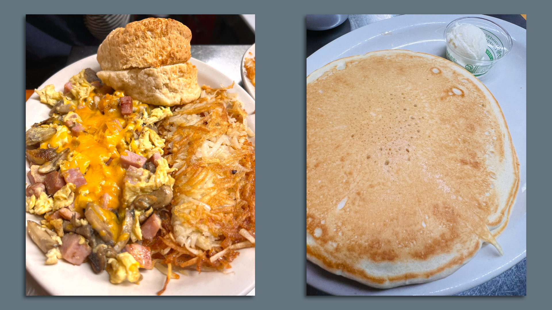 Two plates, one with an omelette, hashbrown and biscuits, the other with pancakes. 
