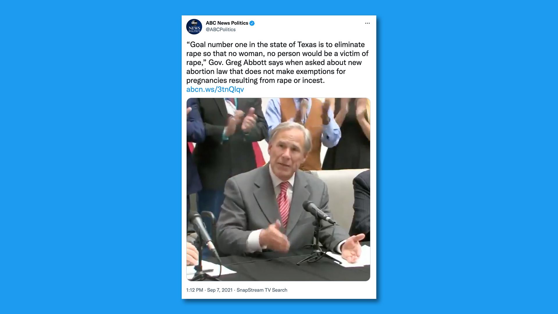 Texas Gov. Gregg Abbott tweet on new abortion law 