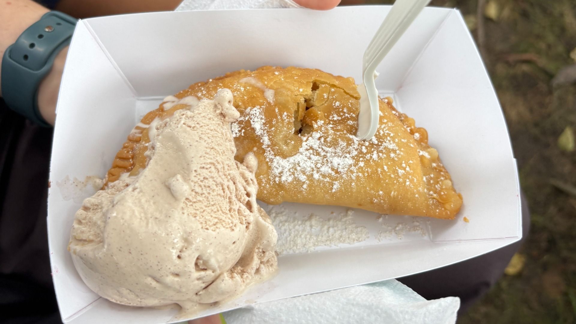Golden fried pastry sprinkled with powdered sugar in a white takeout box, with a scoop of beige ice cream beside it and a white plastic fork piercing the pastry; a teal wristwatch is visible at left.