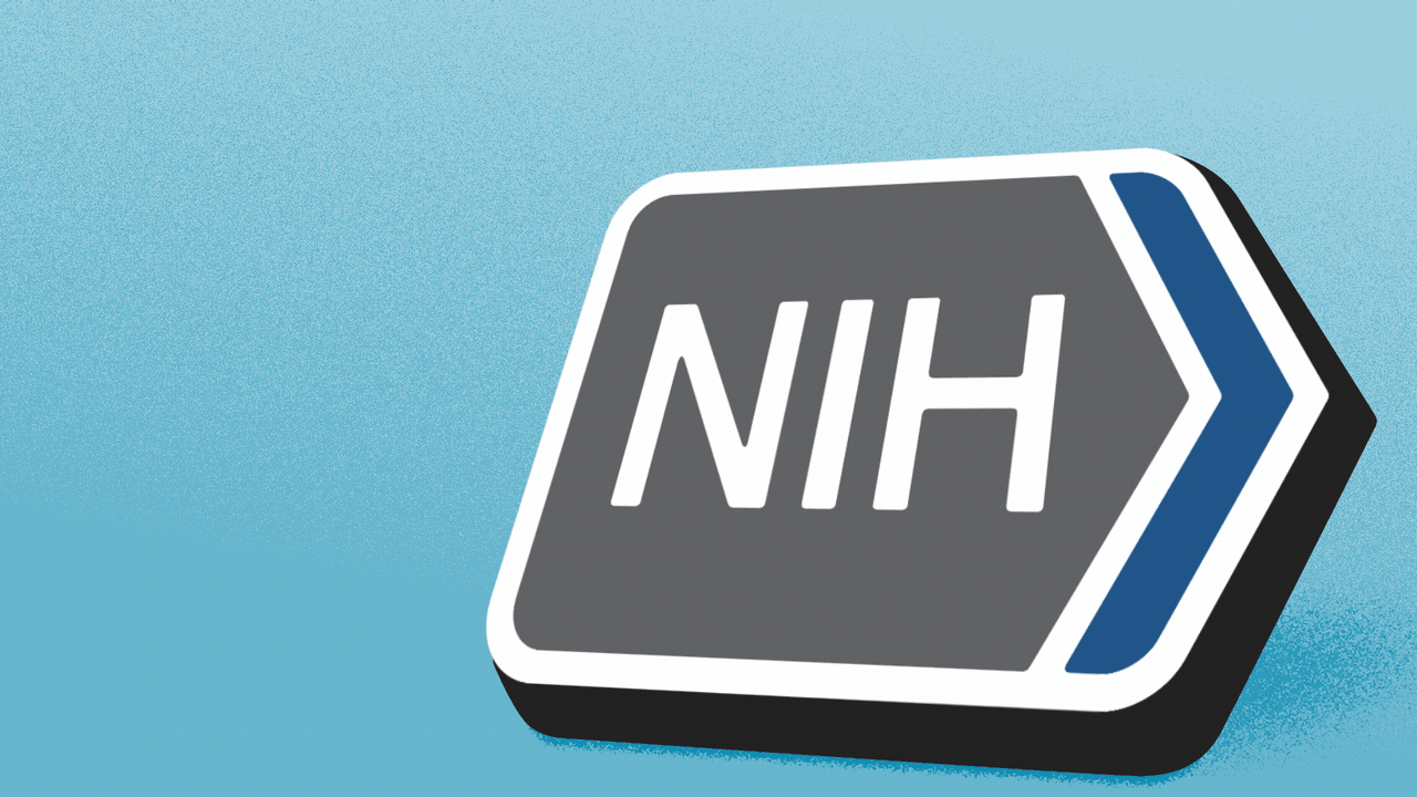 Animated illustration of the National Institutes of Health logo peeling back and revealing spinning gears.