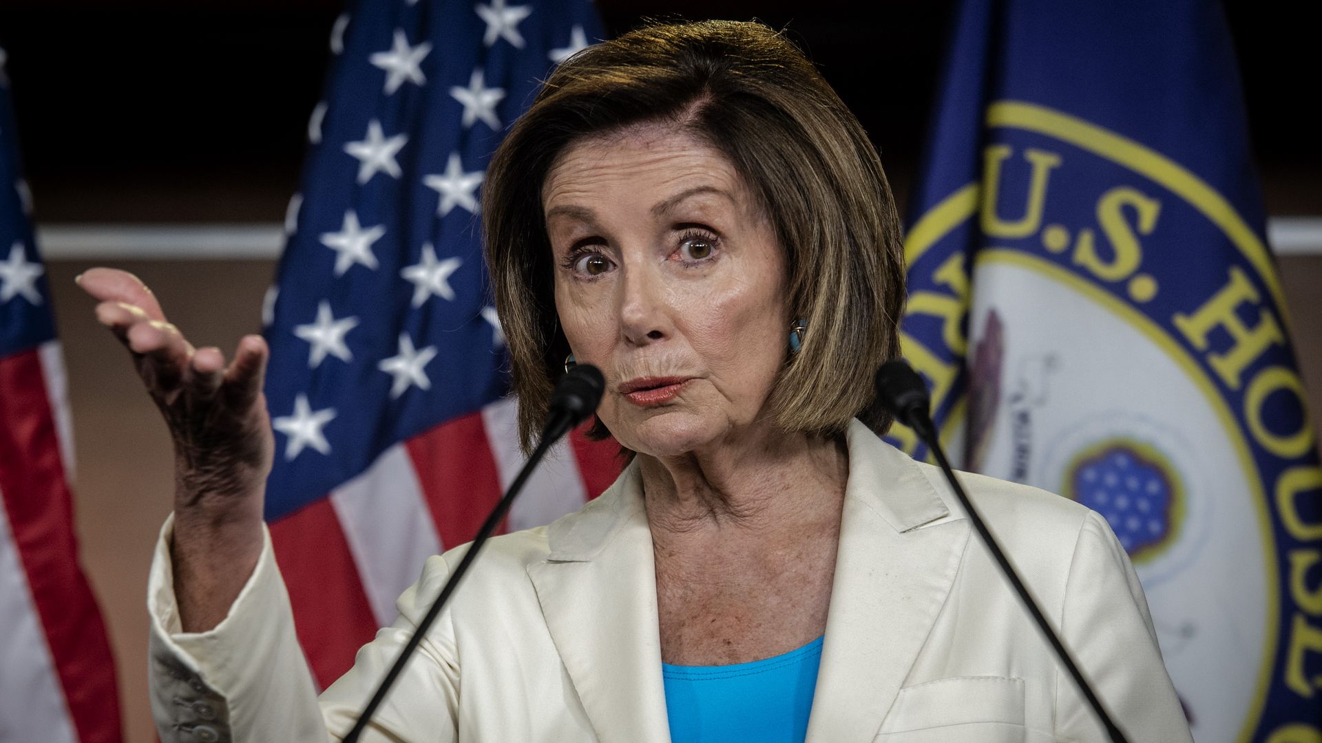 House Speaker Nancy Pelosi is seen speaking during a news conference.